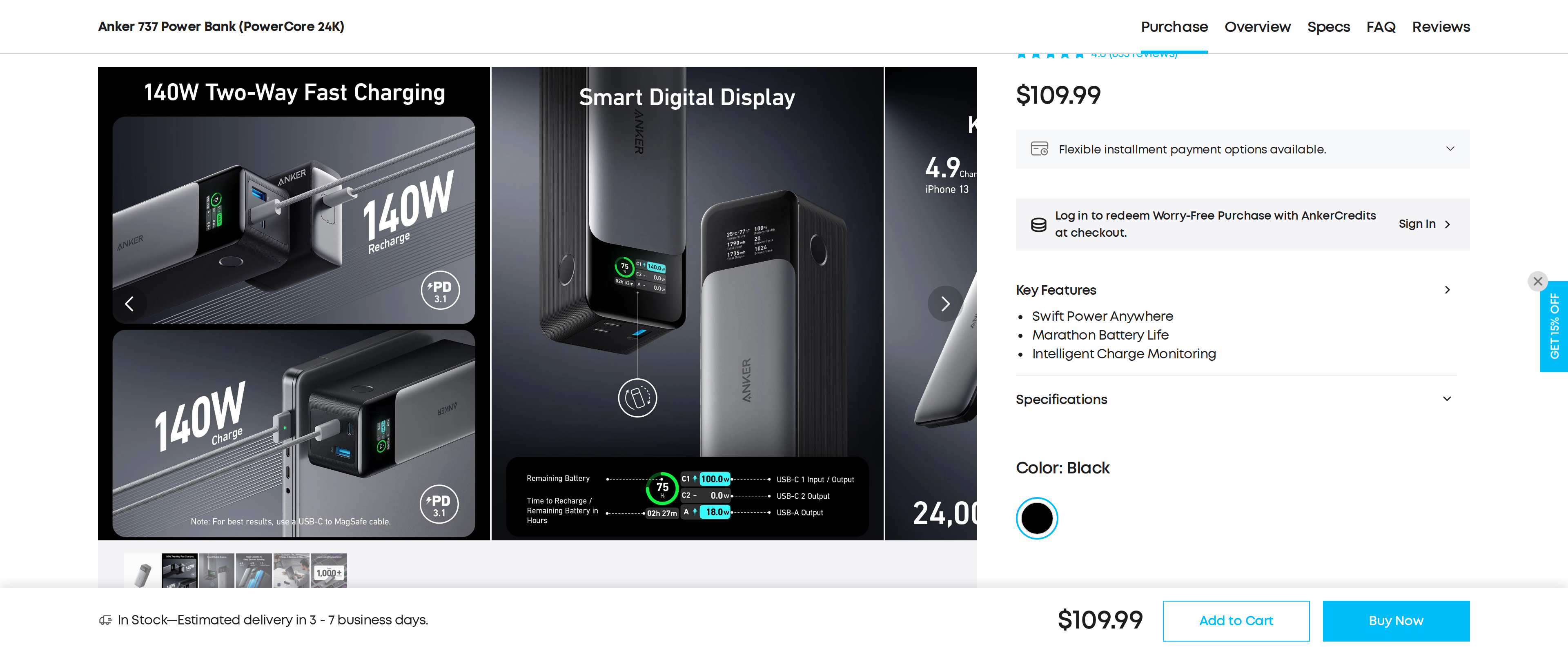 Anker 737 Power Bank PowerCore 24K product page showing the digital display and 140W two-way fast charging