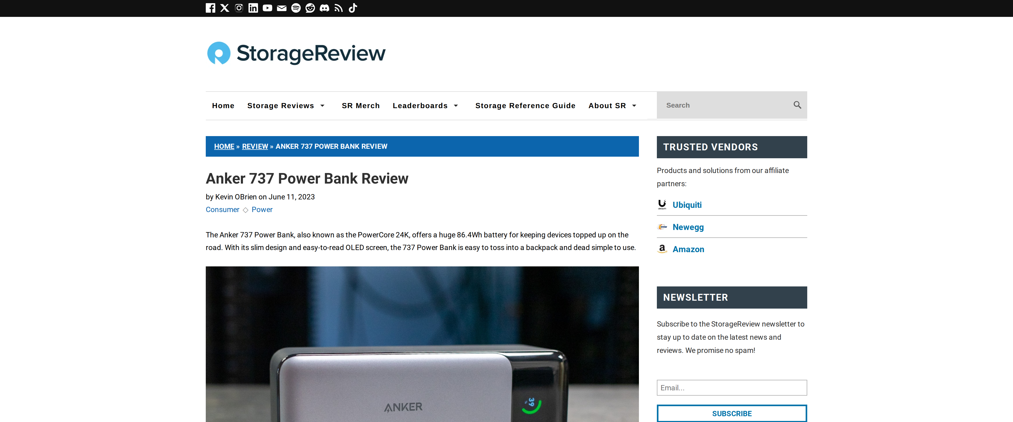 StorageReview's Anker 737 Power Bank review confirming the 86.4Wh rating