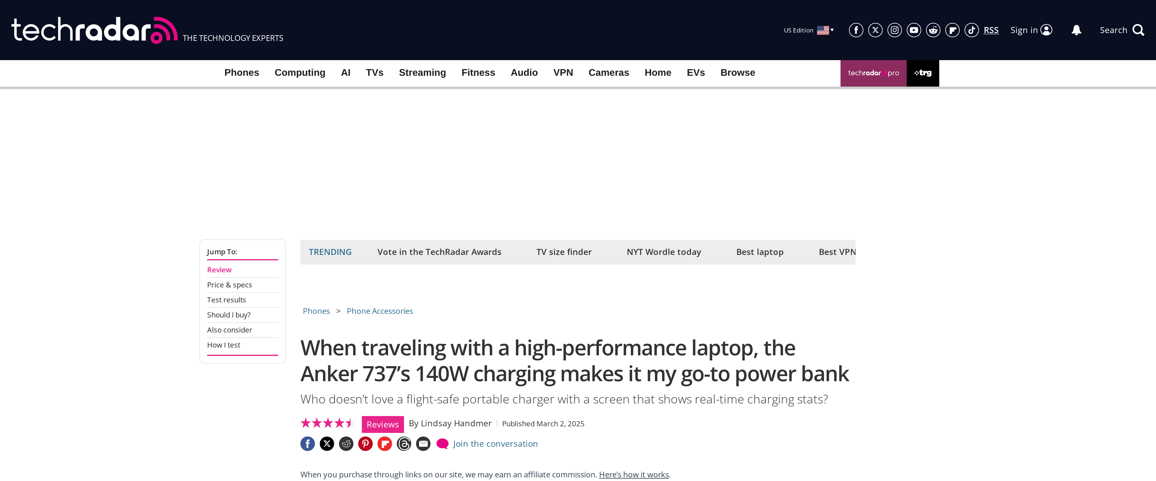 TechRadar's independent review headline for the Anker 737 Power Bank