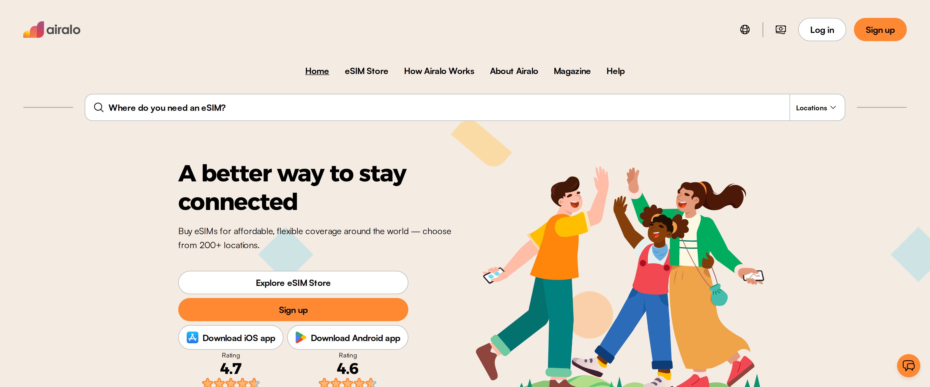 Airalo homepage with the heading A better way to stay connected