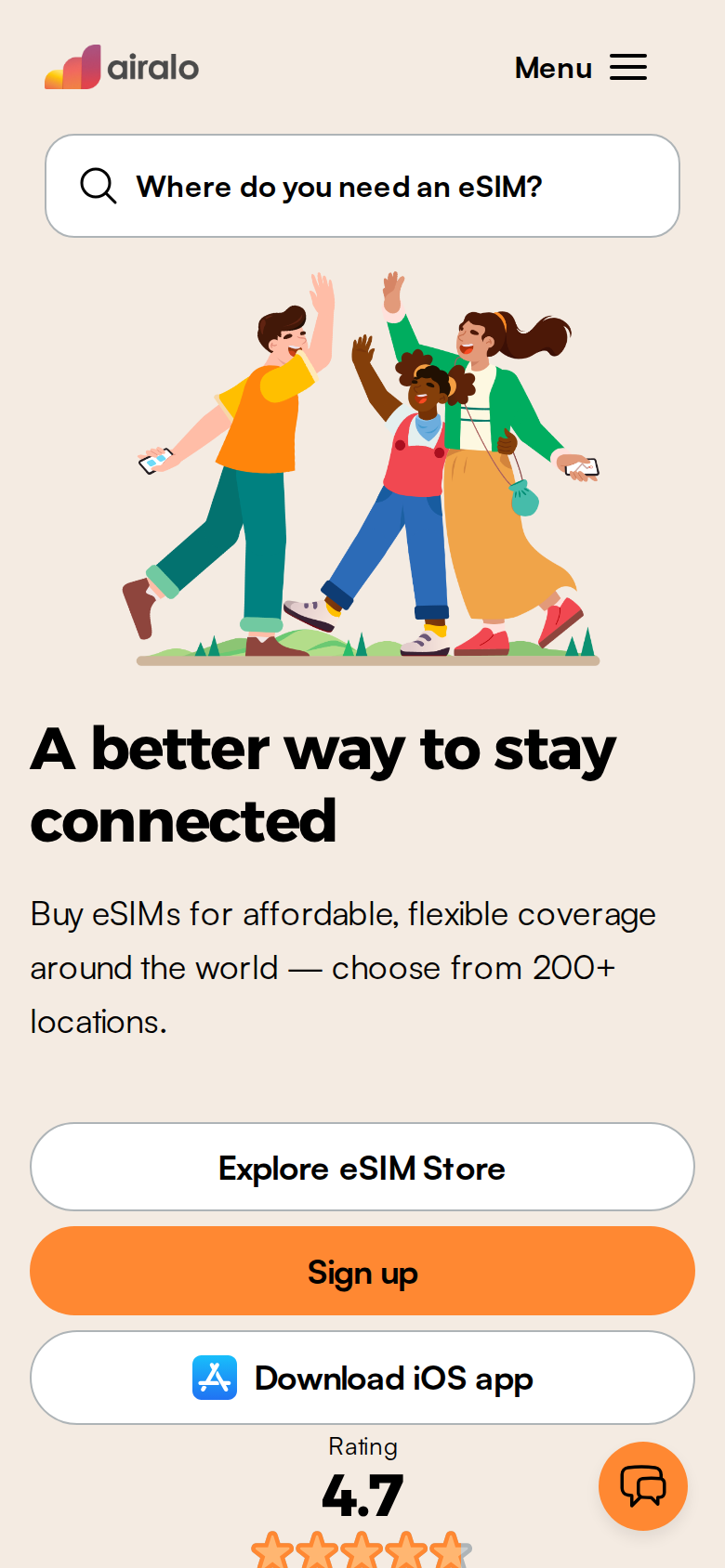 Airalo's homepage viewed on a phone screen