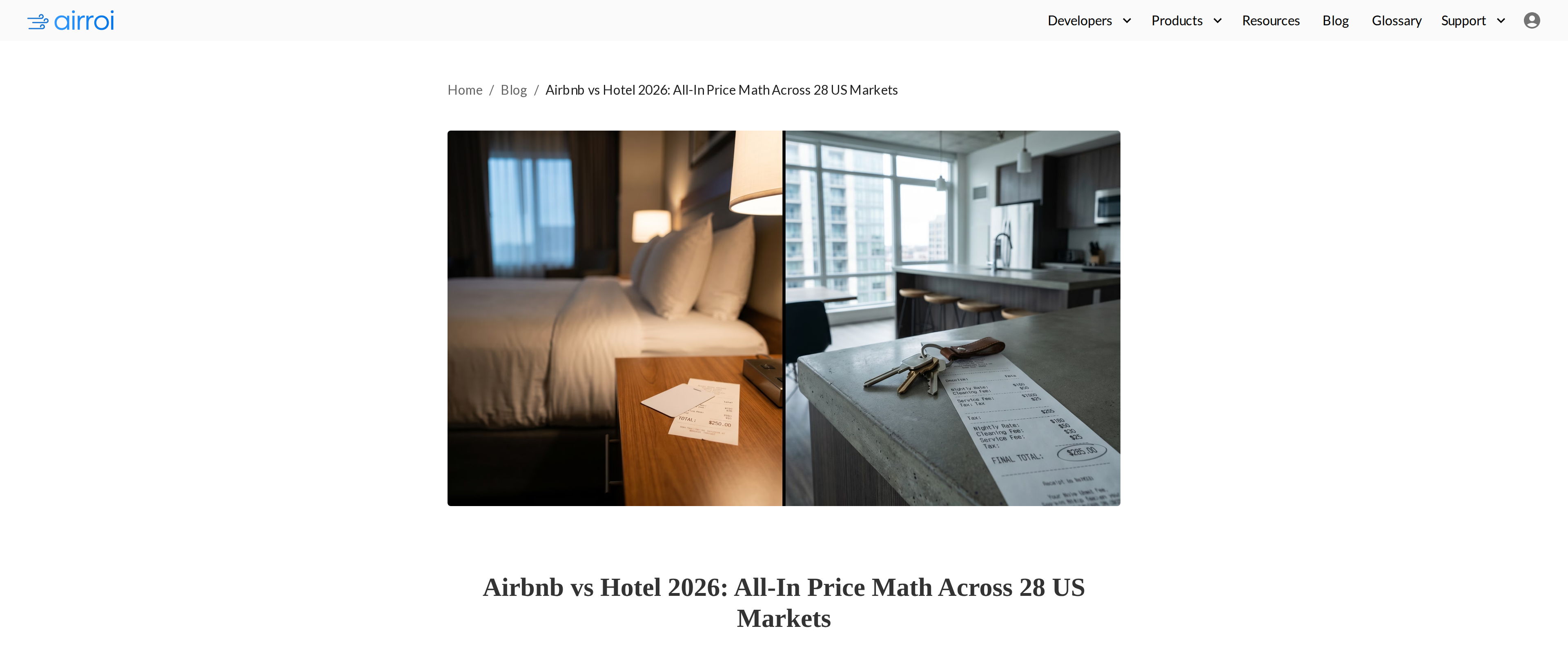 An independent all-in pricing comparison of Airbnb against hotels across 28 US markets