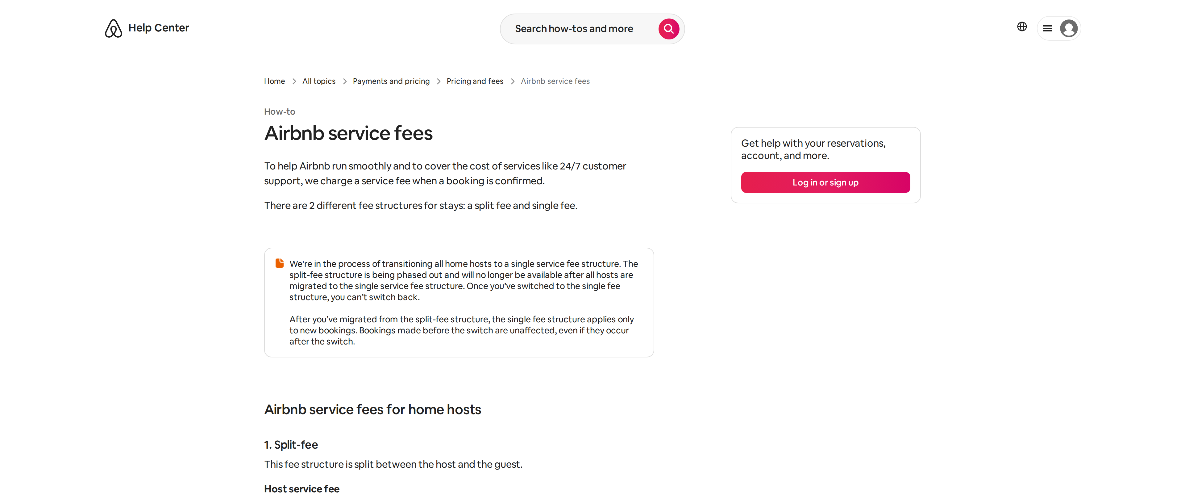 Airbnb's Help Center page explaining how the guest and host service fees are calculated