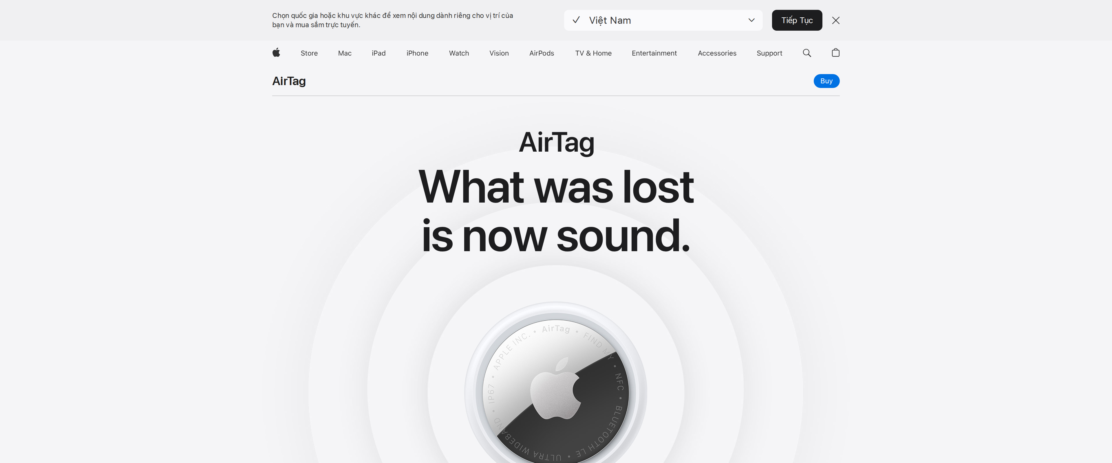 Apple's AirTag product page headlined What was lost is now sound