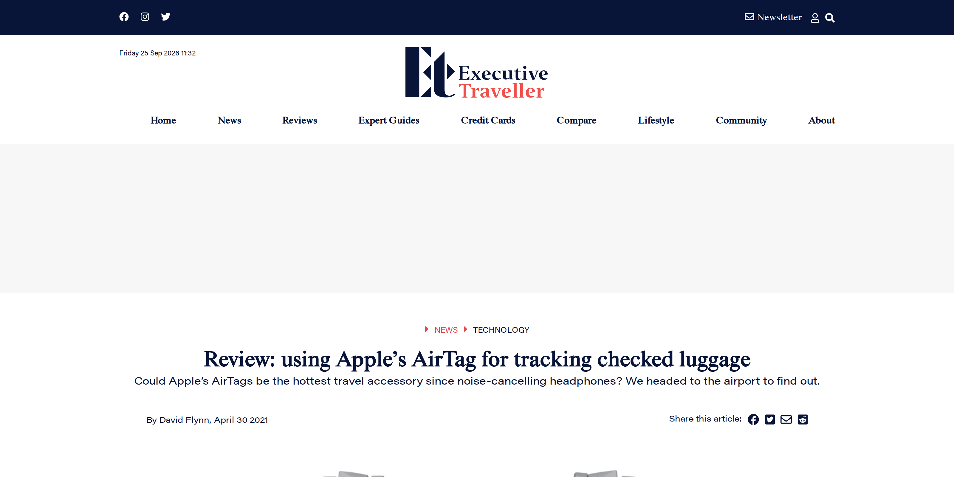 Executive Traveller article headlined Review: using Apple's AirTag for tracking checked luggage