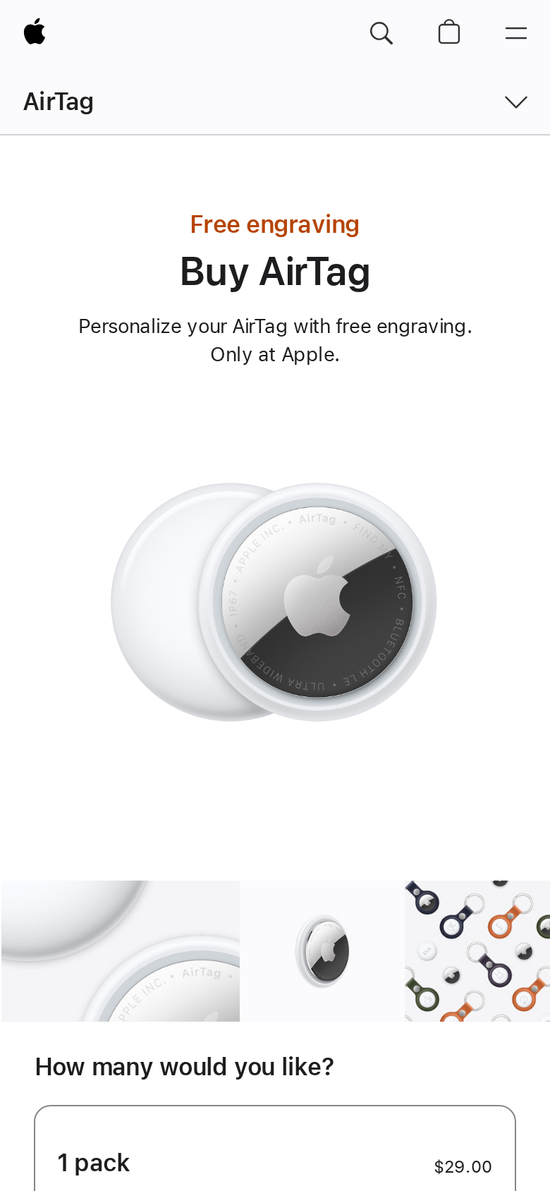 Apple's AirTag buy page showing the $29 price and product photos