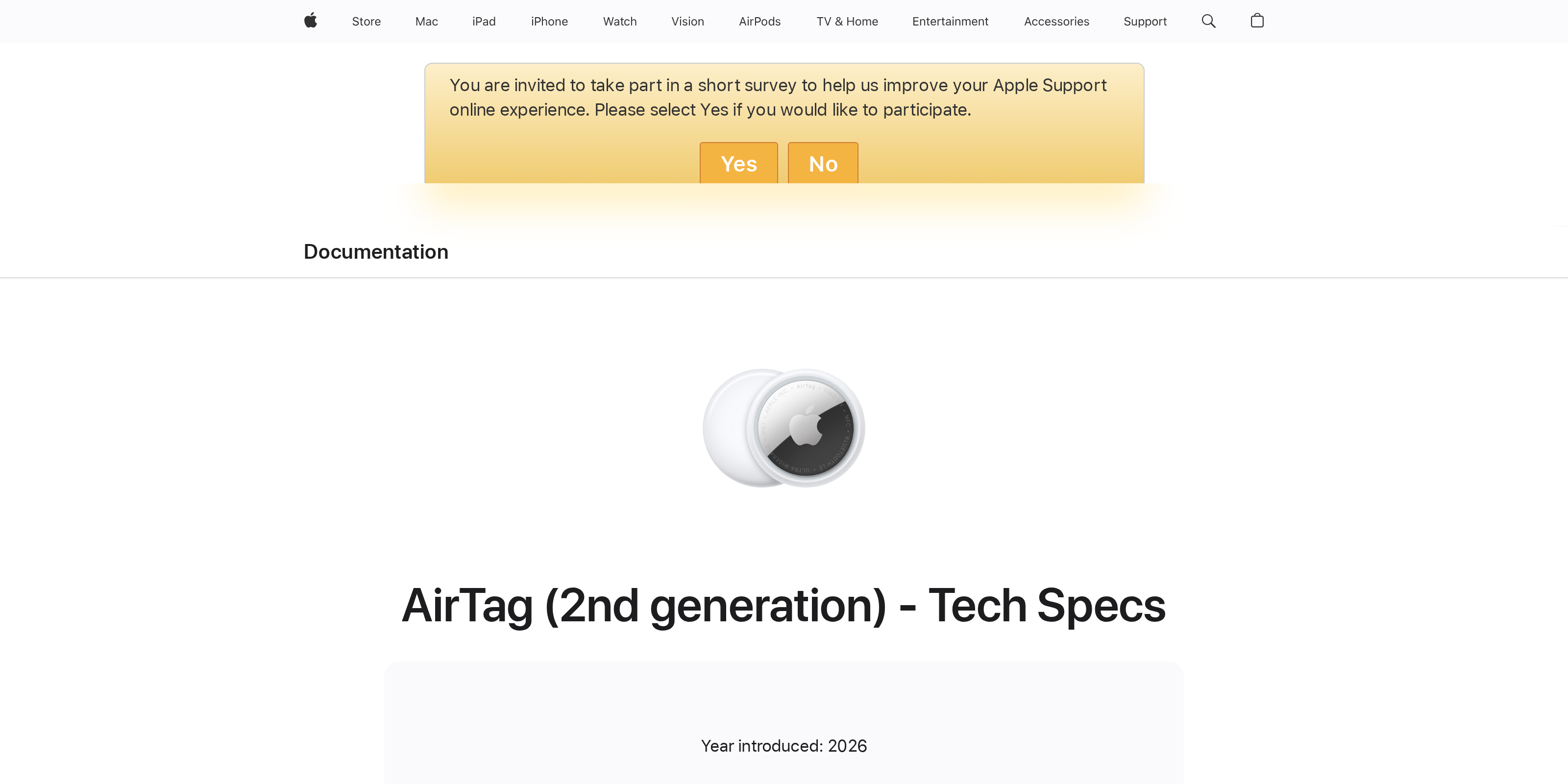 Apple's tech specs page for AirTag (2nd generation)