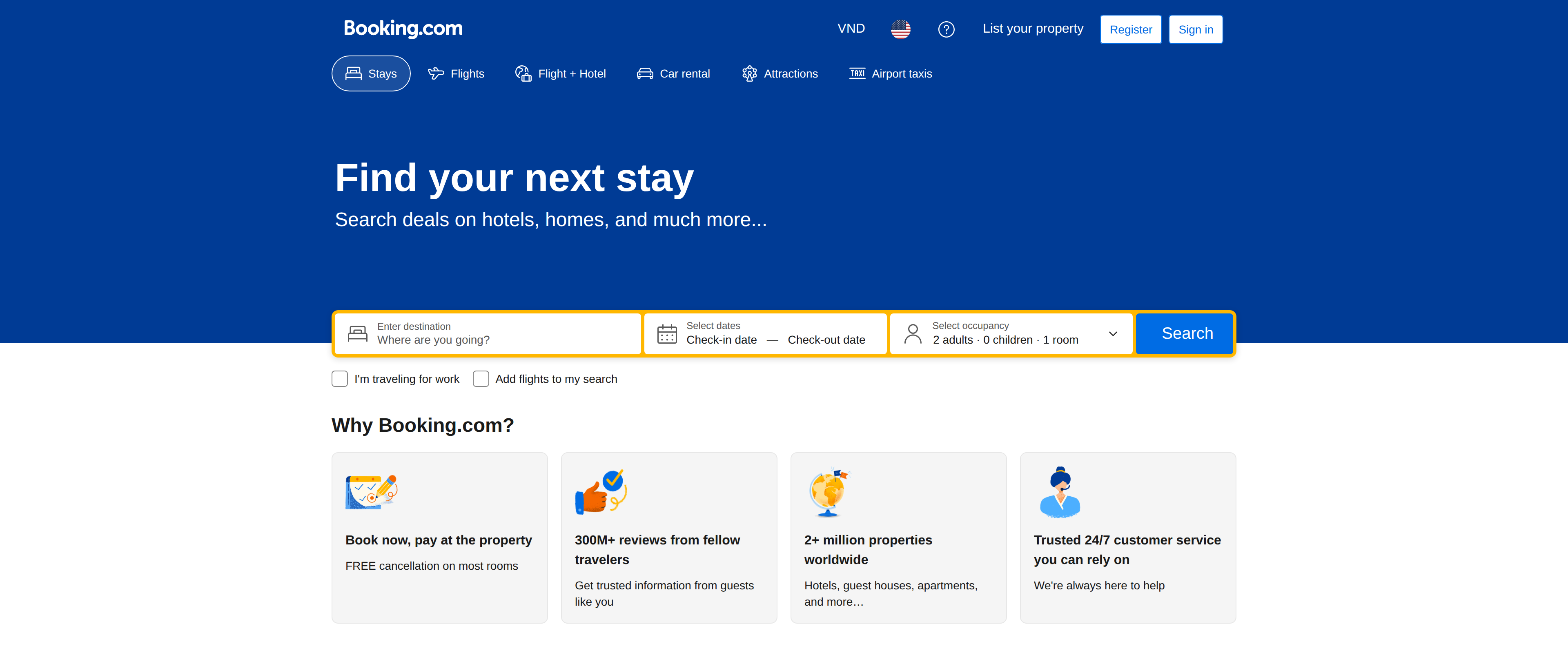 Booking.com homepage showing the heading Find your next stay and search deals on hotels, homes, and more