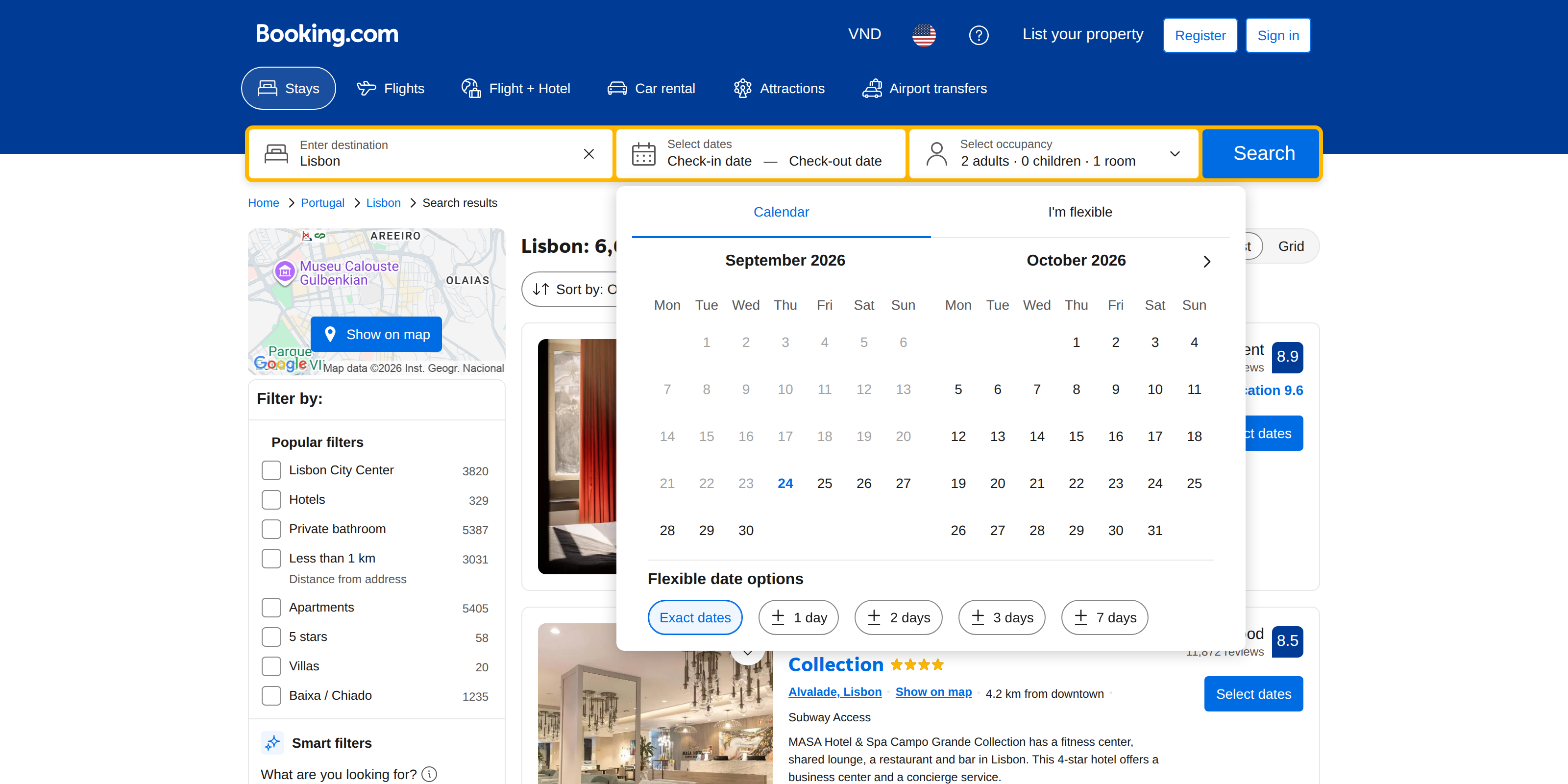 Booking.com search results for hotels in Lisbon, showing filters and property listings