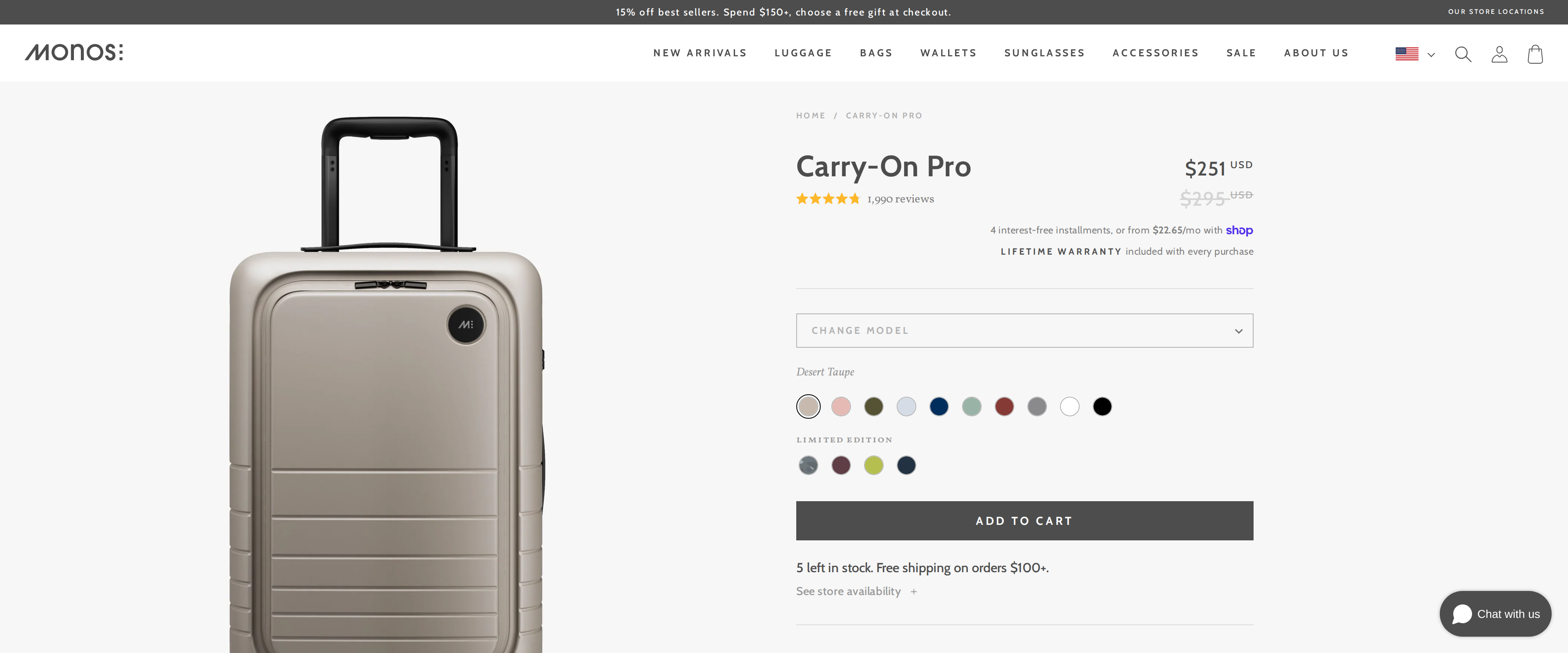 Monos Carry-On Pro product page with front, angled, and side views in Desert Taupe