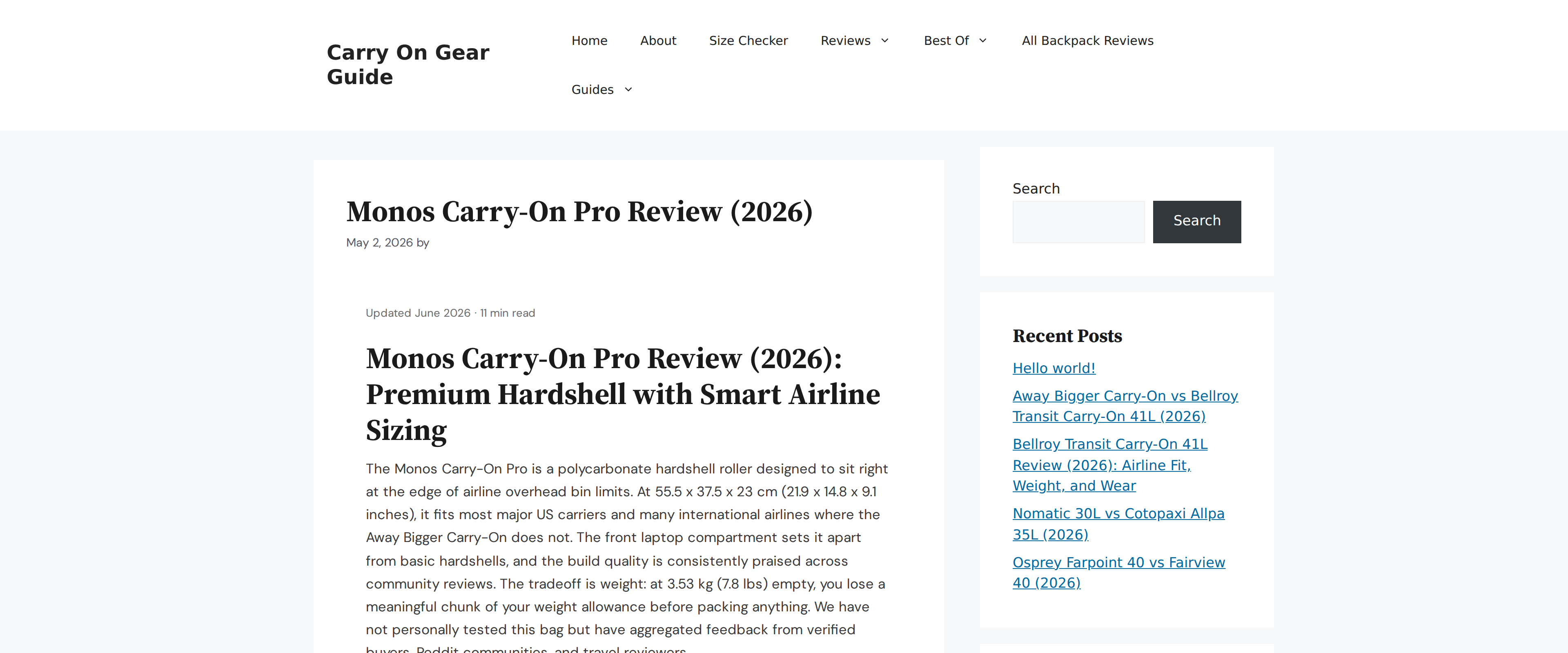 Independent review of the Monos Carry-On Pro covering airline sizing