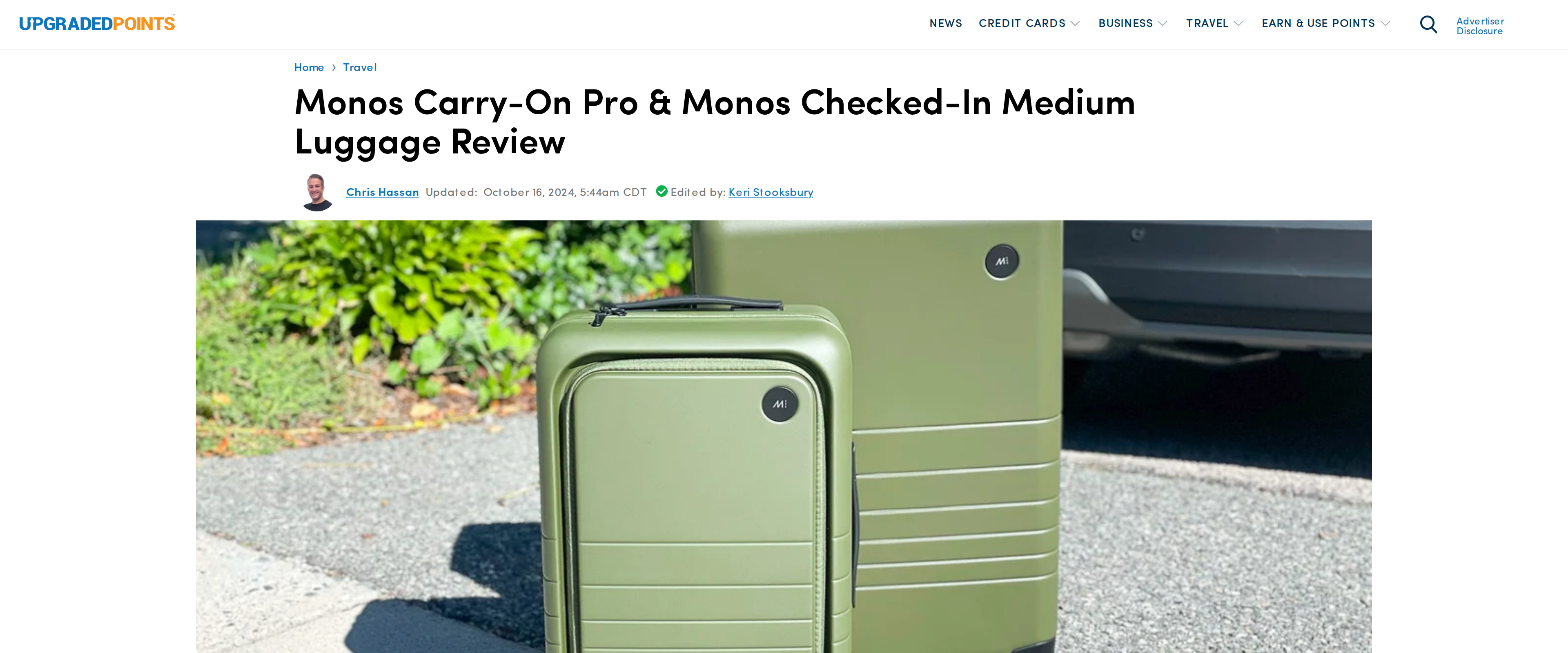 Upgraded Points independent long-term review of Monos Carry-On Pro and Checked-In Medium luggage
