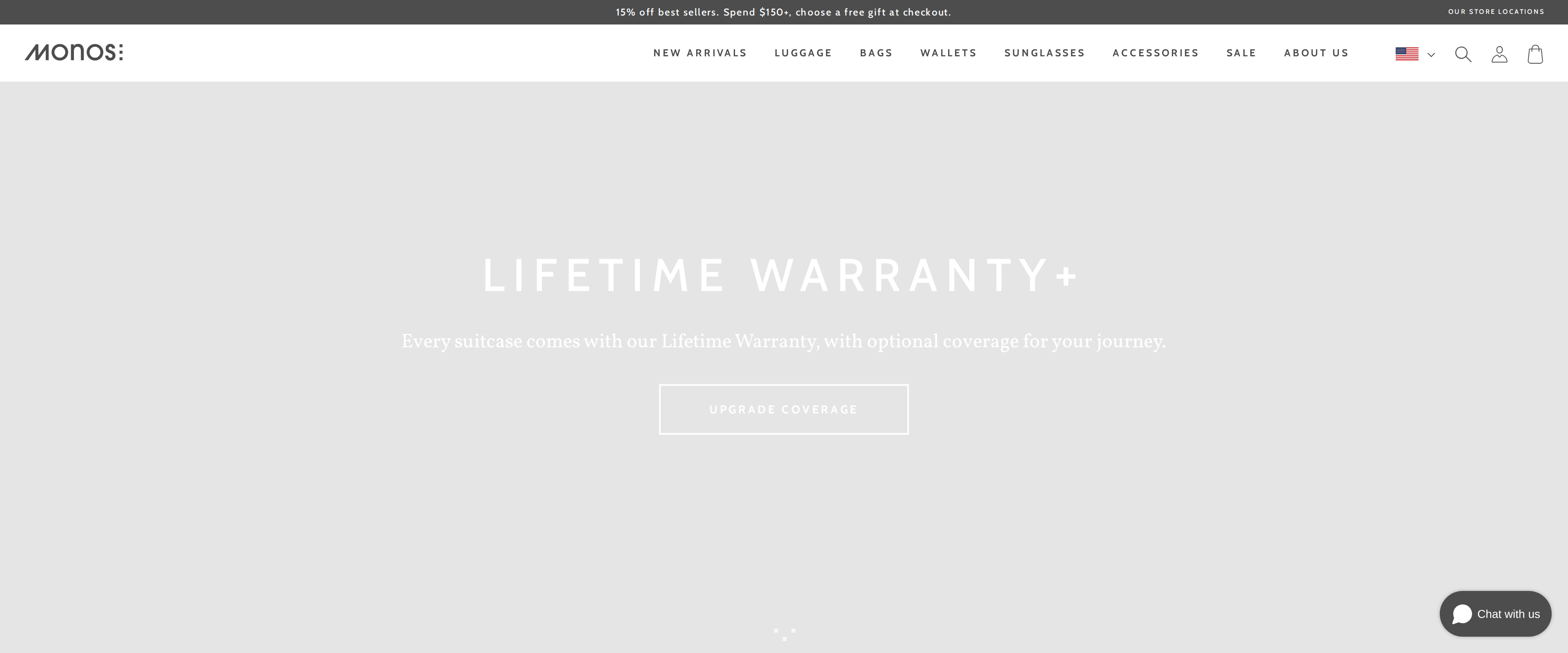 Monos Lifetime Warranty page describing coverage for wheels, locks, and handles