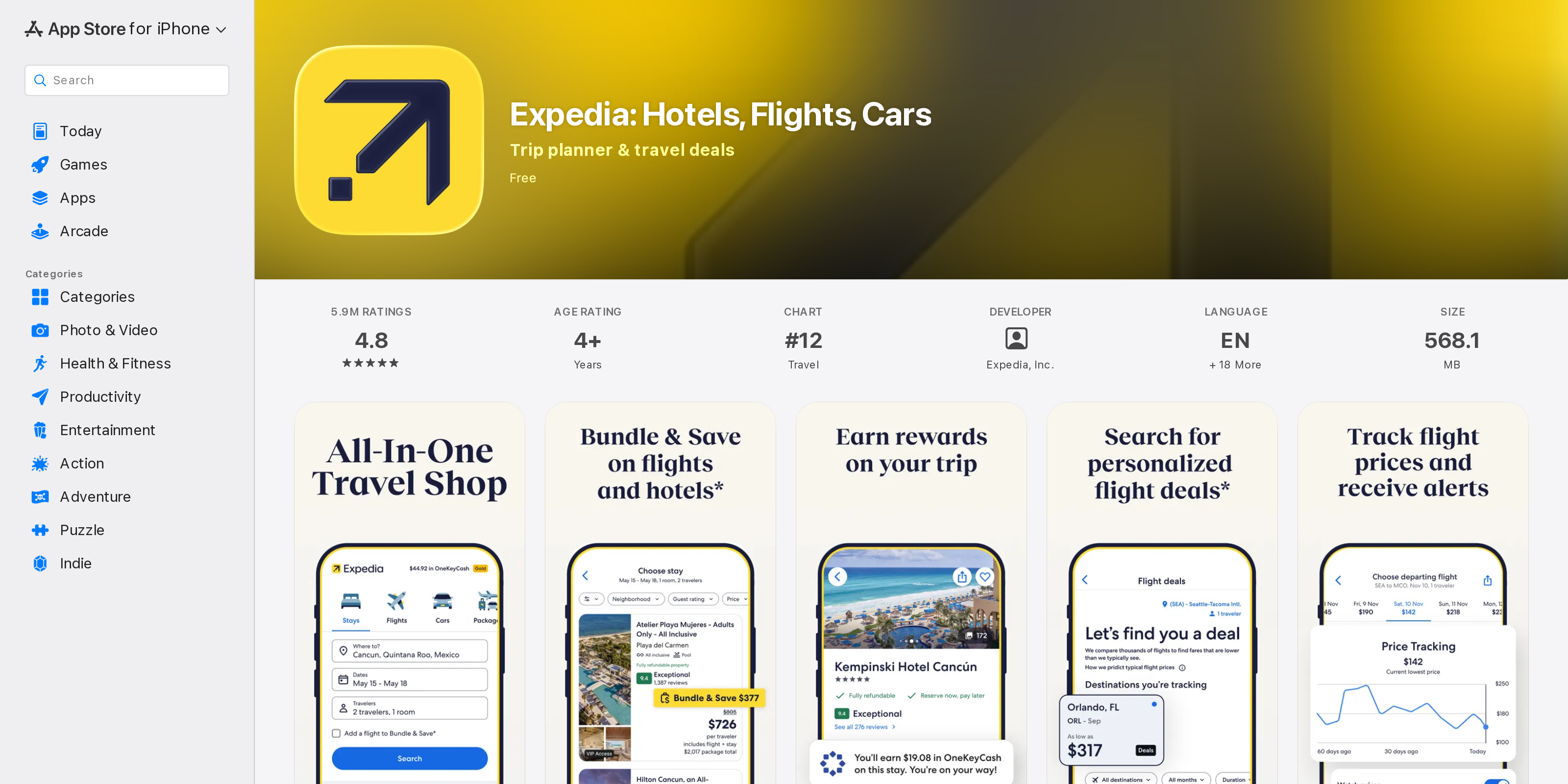 Expedia: Hotels, Flights, Cars app listing on the App Store with three phone screenshots