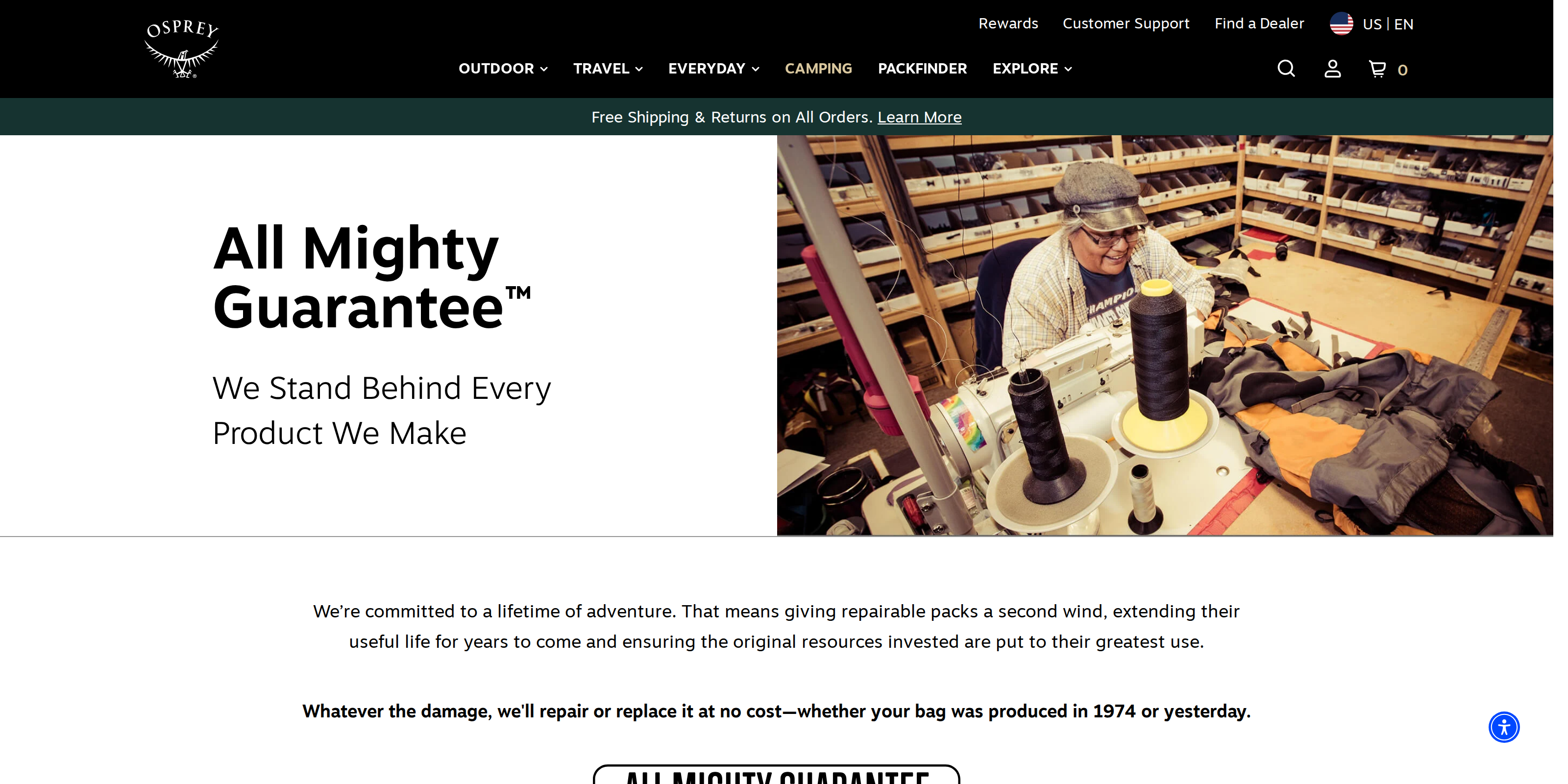 Osprey's All Mighty Guarantee page, showing a technician repairing a backpack