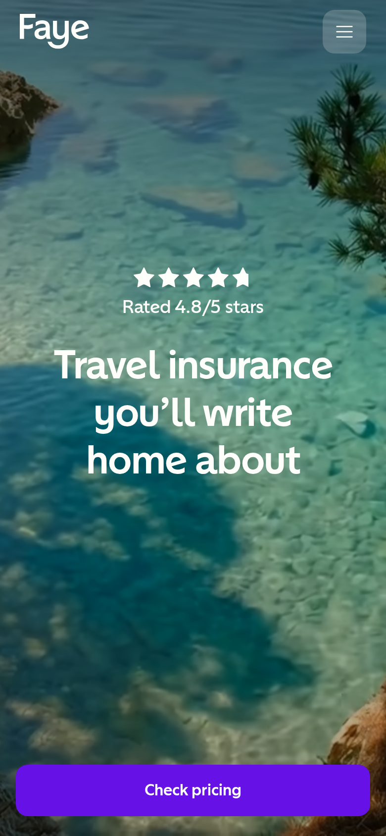 Faye's homepage viewed on a phone, headlined Travel insurance you'll write home about