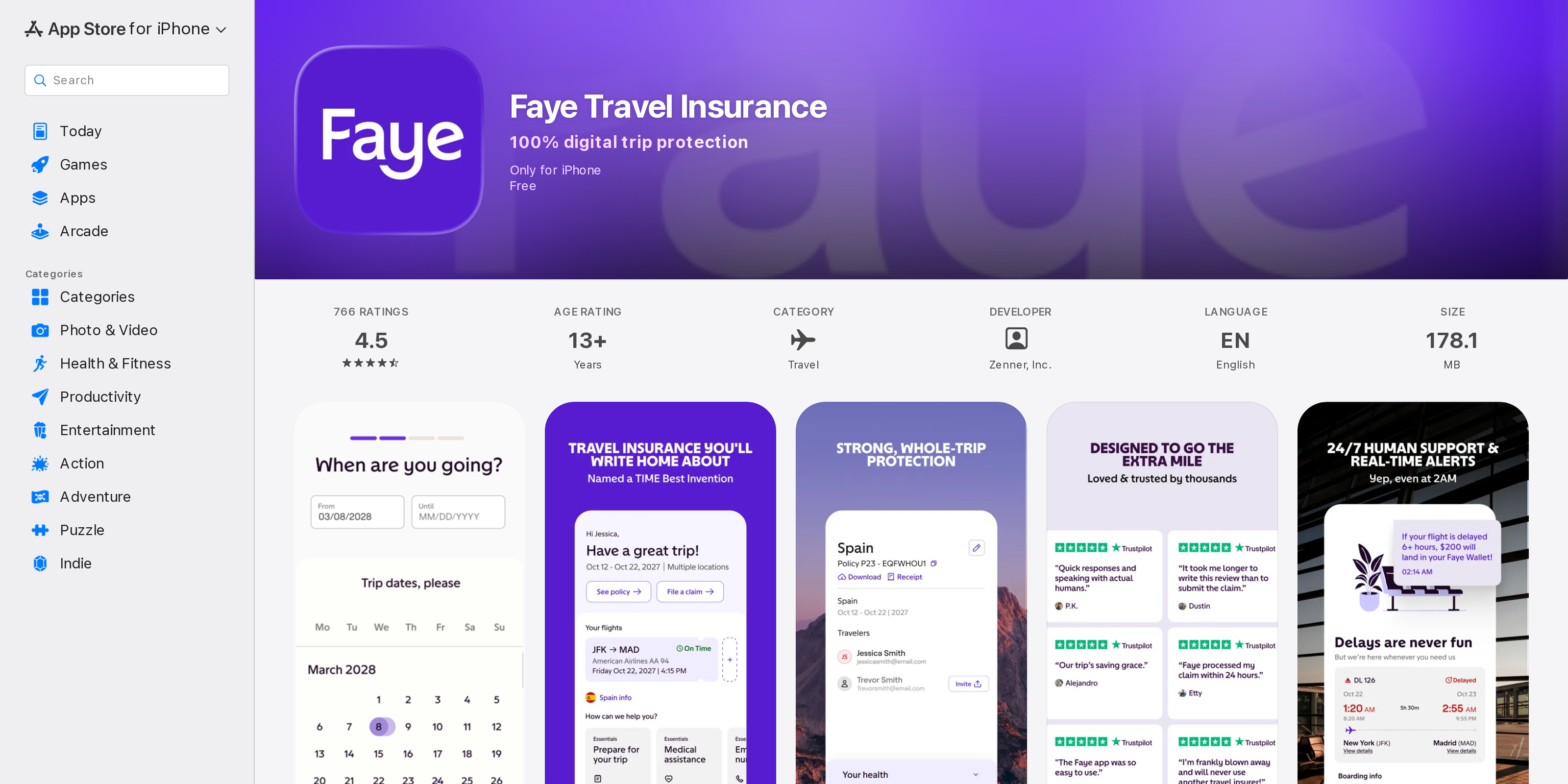 Faye Travel Insurance App Store listing showing the phone screenshots