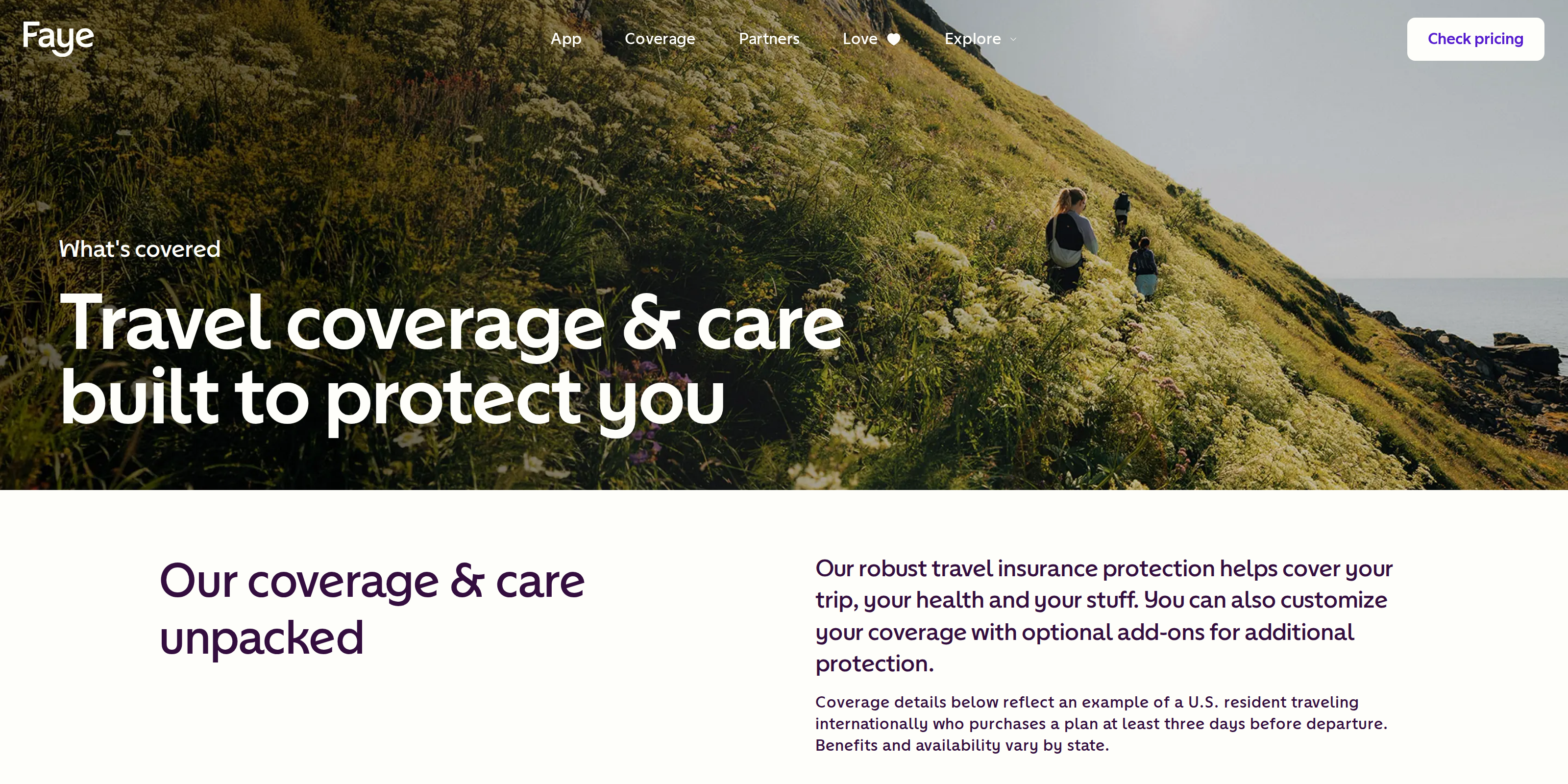 Faye's coverage page detailing health, trip, and baggage protection
