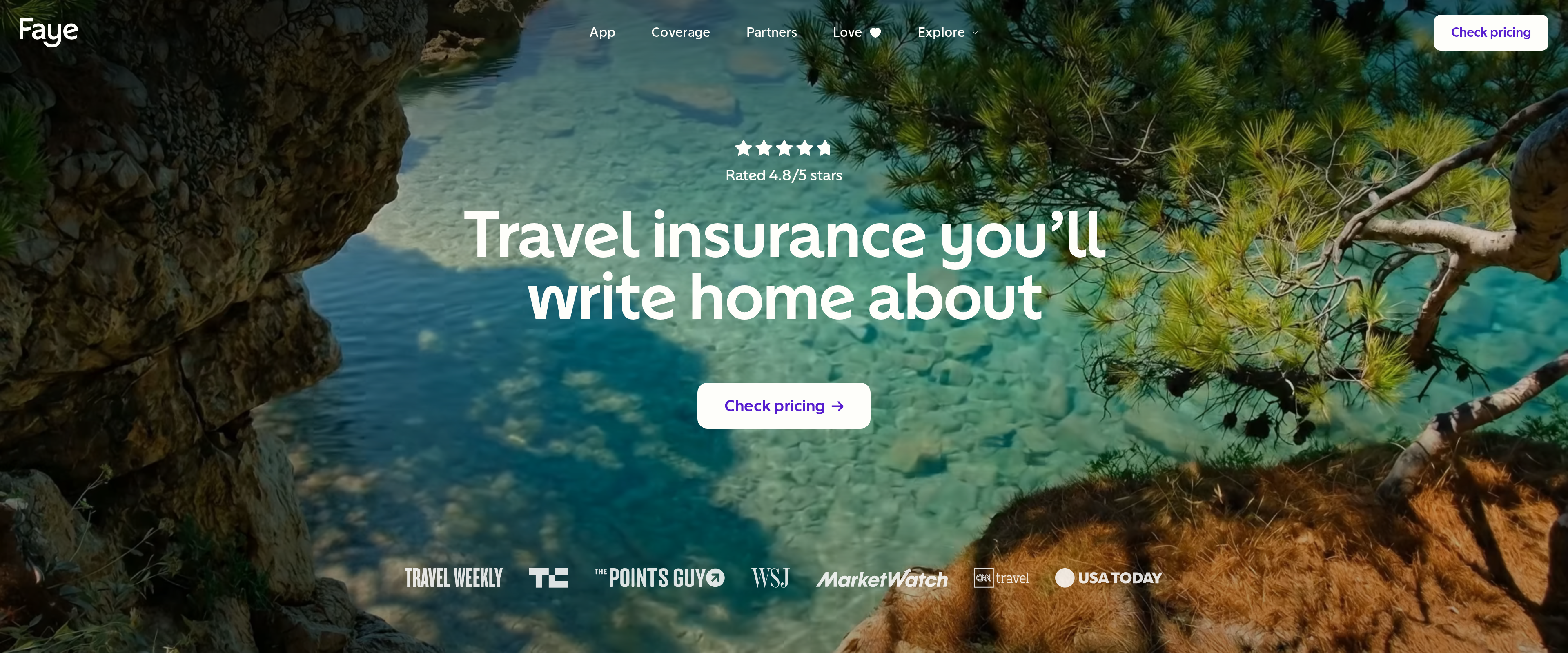 Faye homepage with the headline Travel insurance you'll write home about