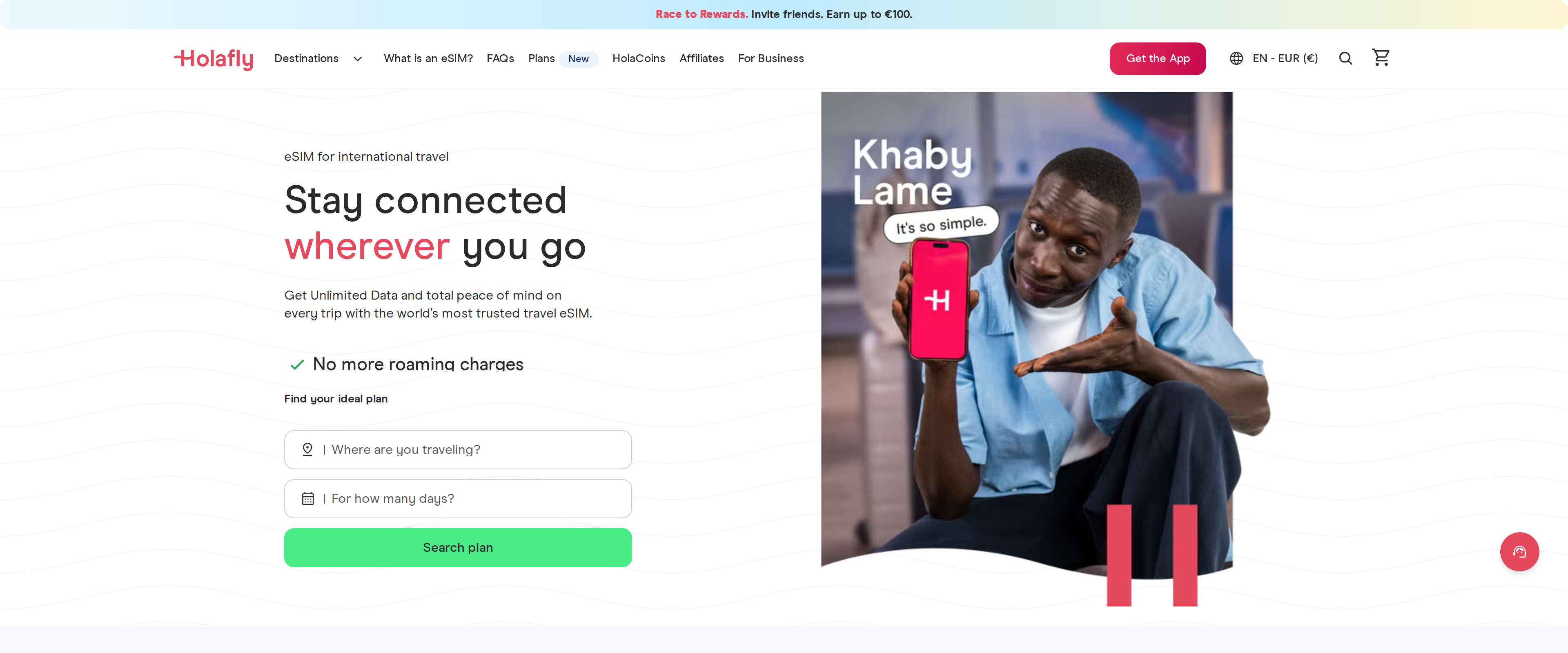 Holafly homepage with the heading eSIM for international travel and Unlimited Data