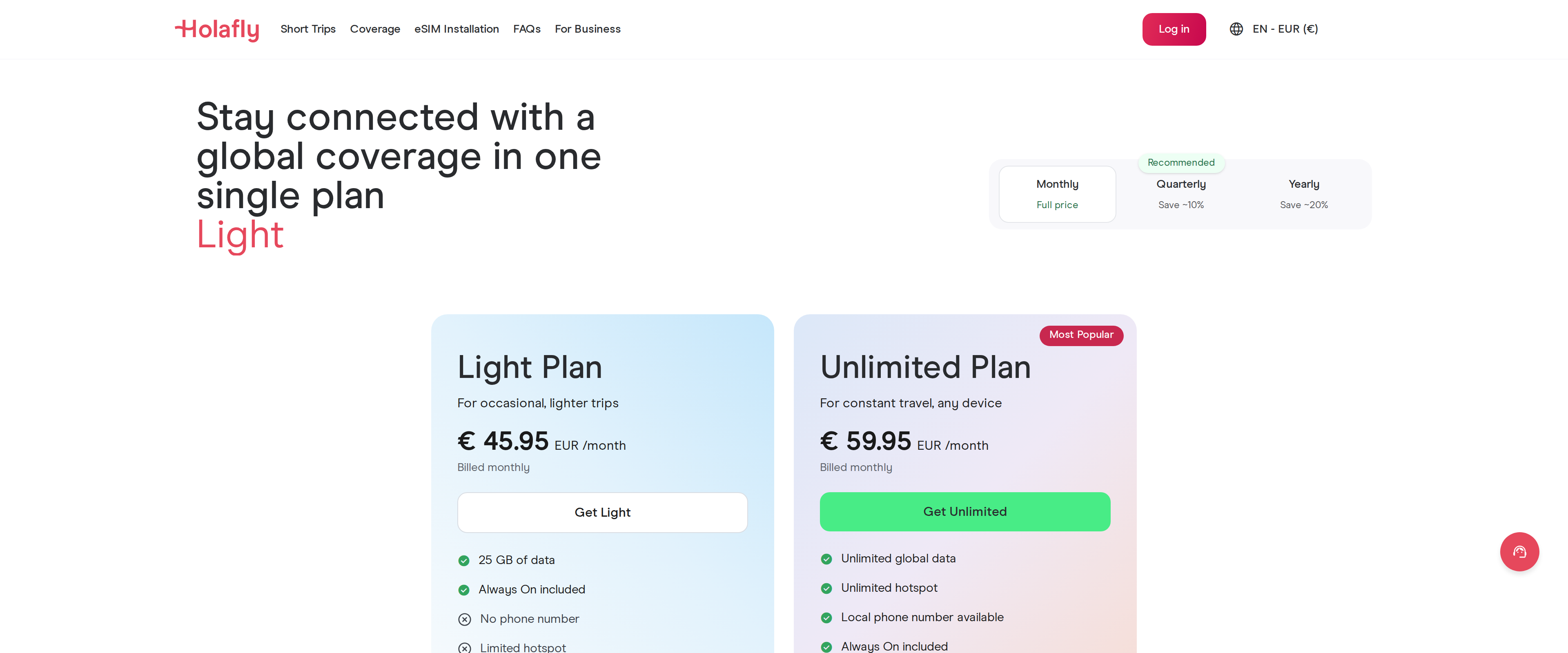 Holafly Unlimited Plan versus Light Plan comparison page