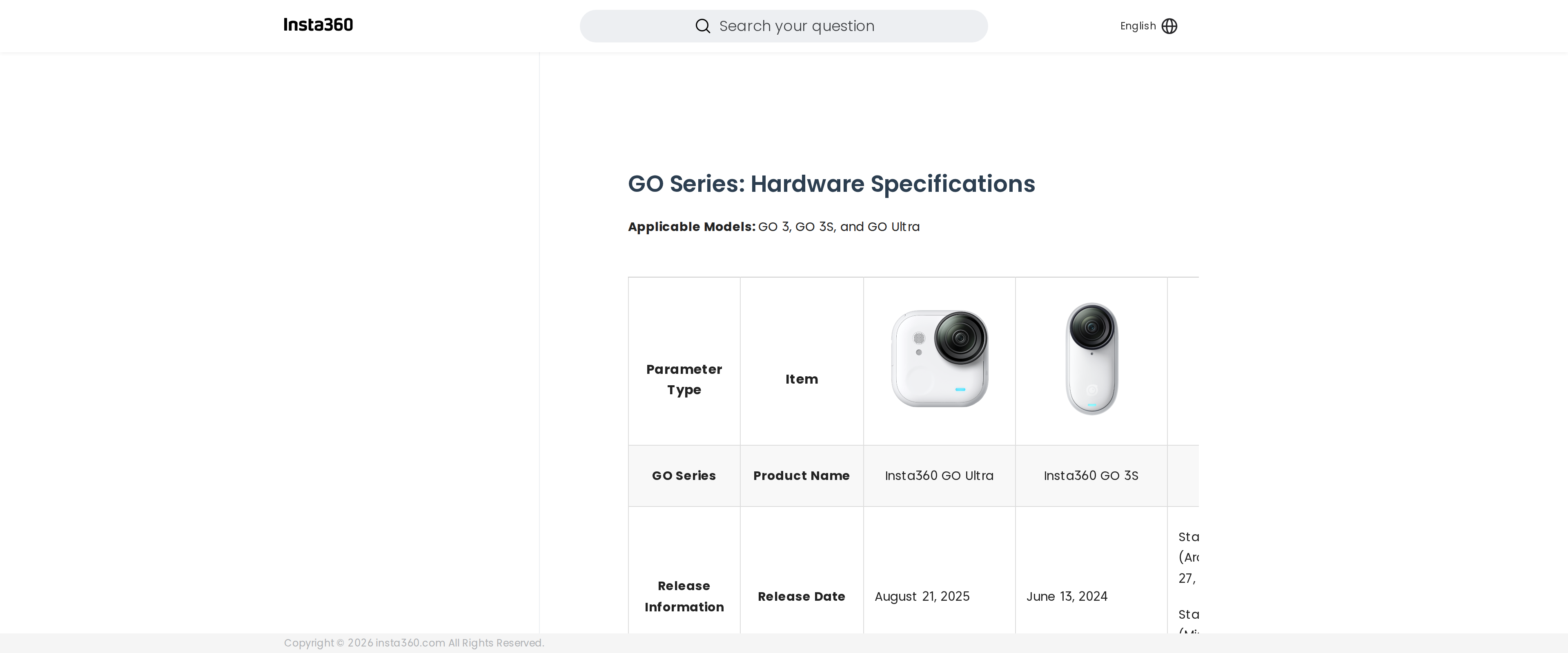 Insta360's hardware specifications page listing the GO 3 alongside the GO 3S and GO Ultra, with original launch dates