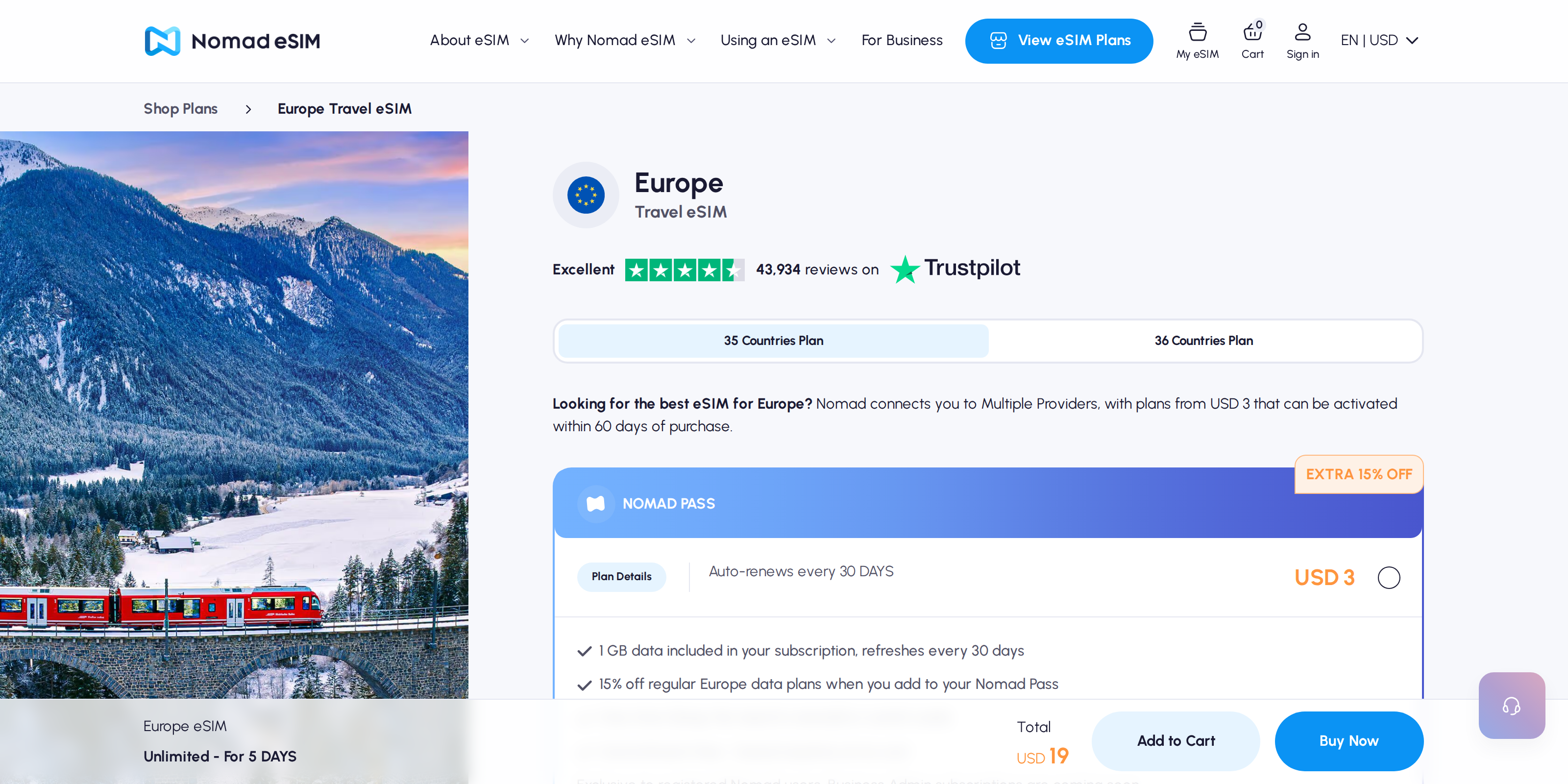 Nomad's Europe eSIM plan page showing the auto-renewing 1GB subscription
