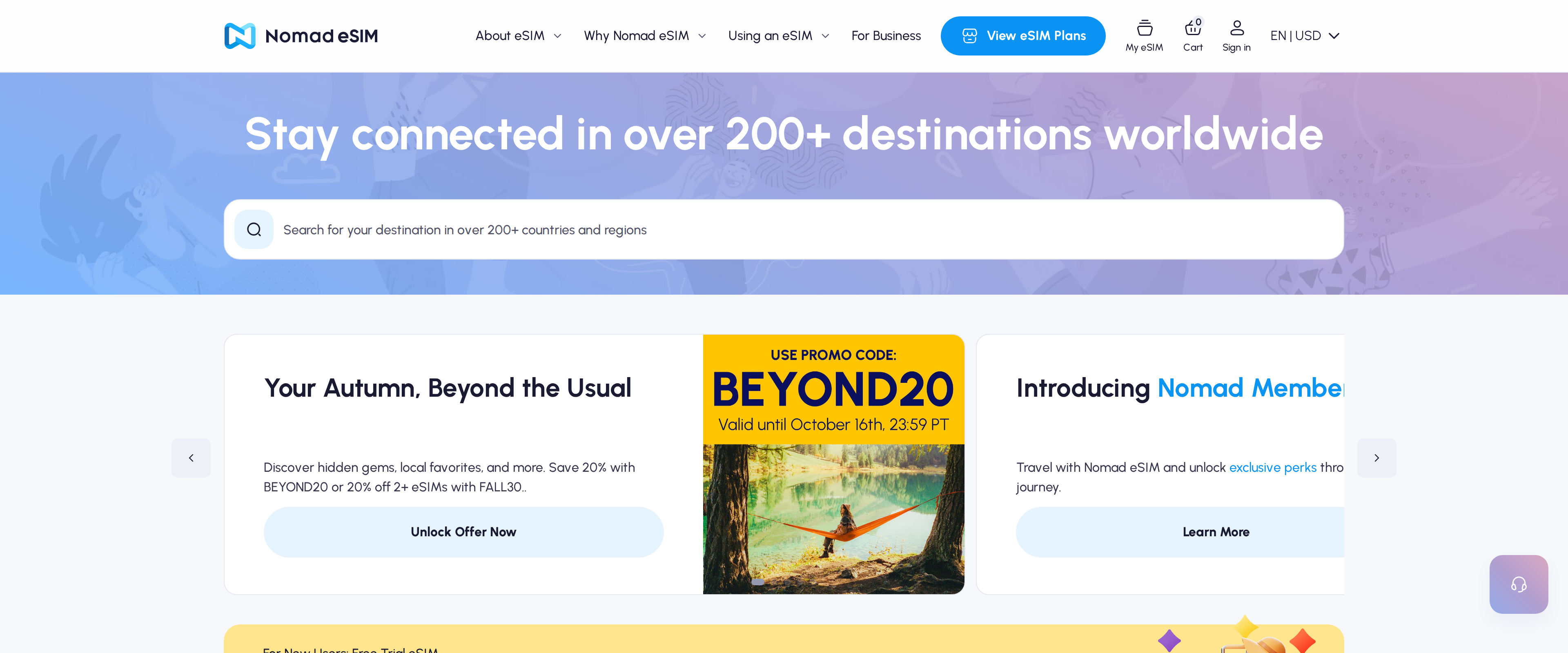 Nomad eSIM homepage headlined Stay connected in over 200+ destinations worldwide