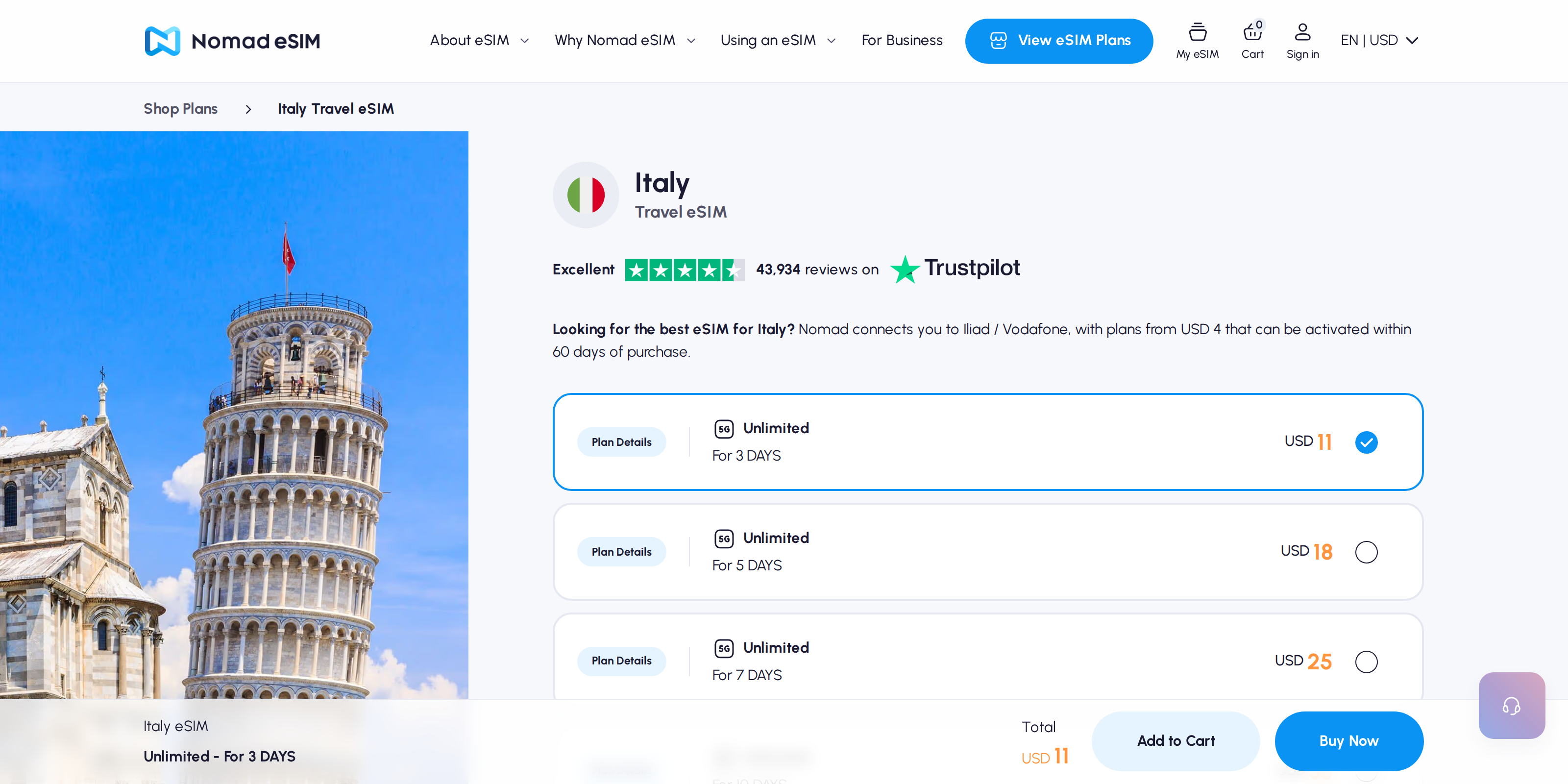 Nomad's Italy eSIM plan page showing unlimited data pricing for 3, 5, and 7 days