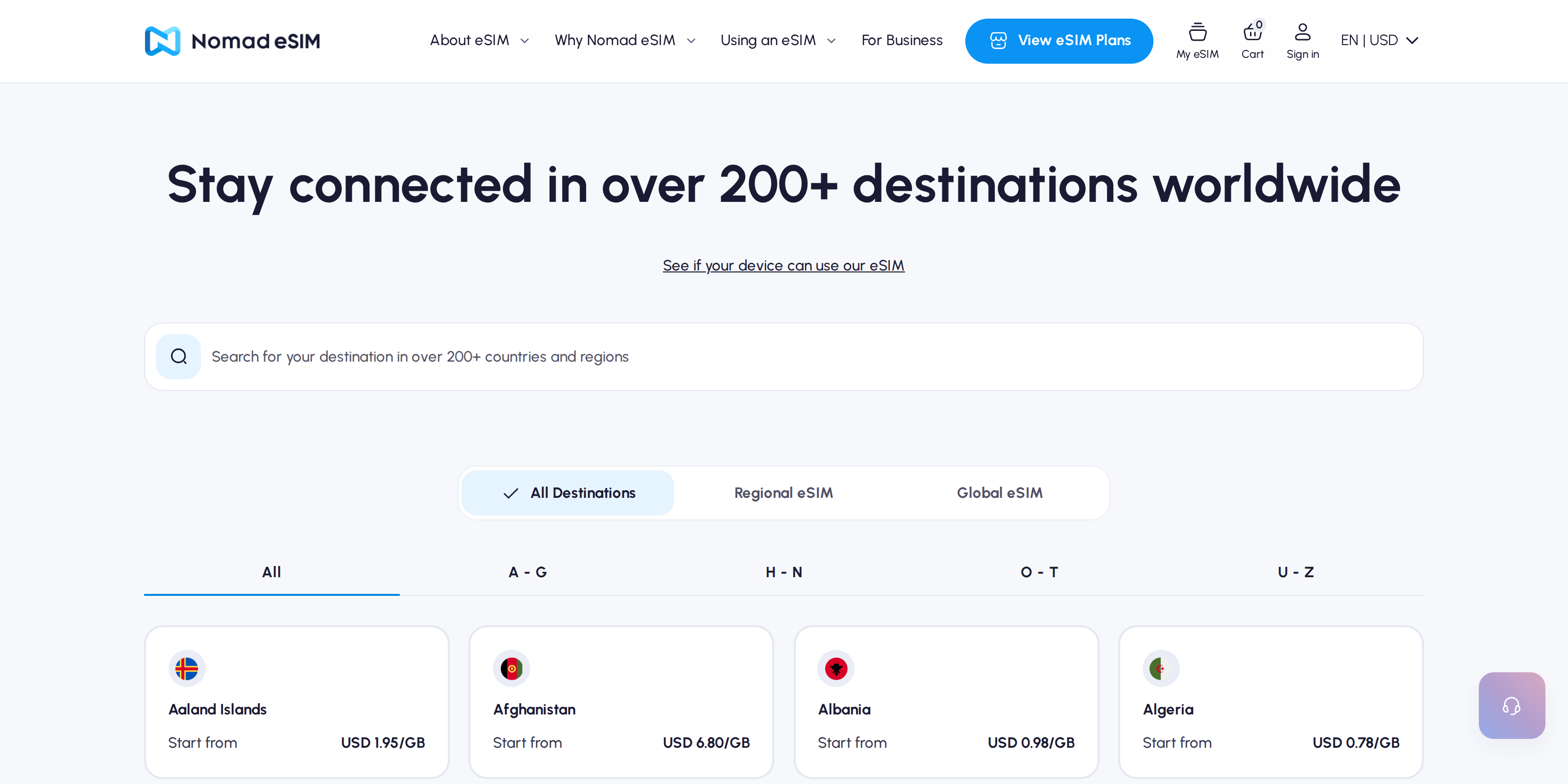 Nomad's shop page listing per-country per-GB starting prices