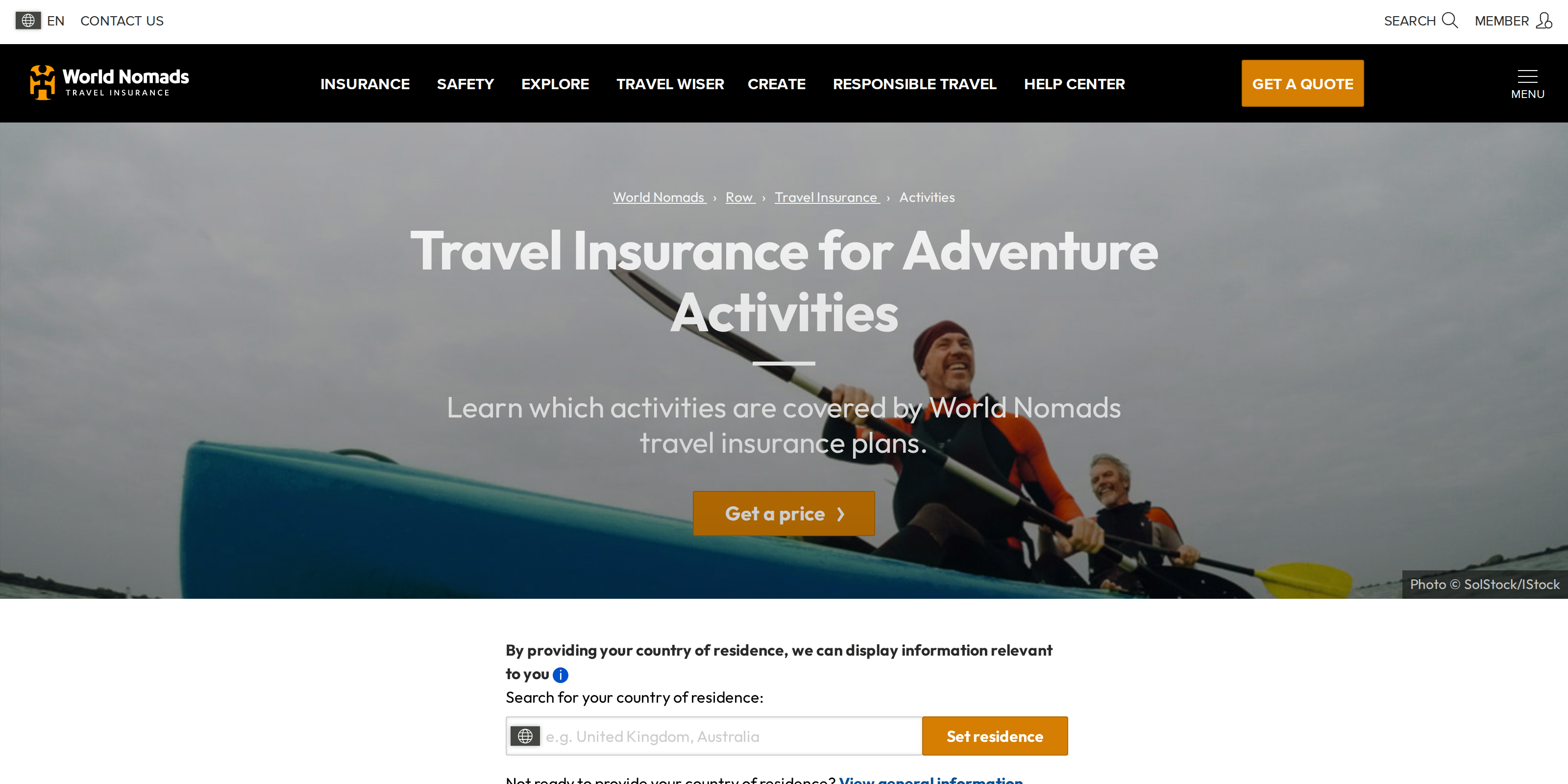 World Nomads' adventure activities coverage page