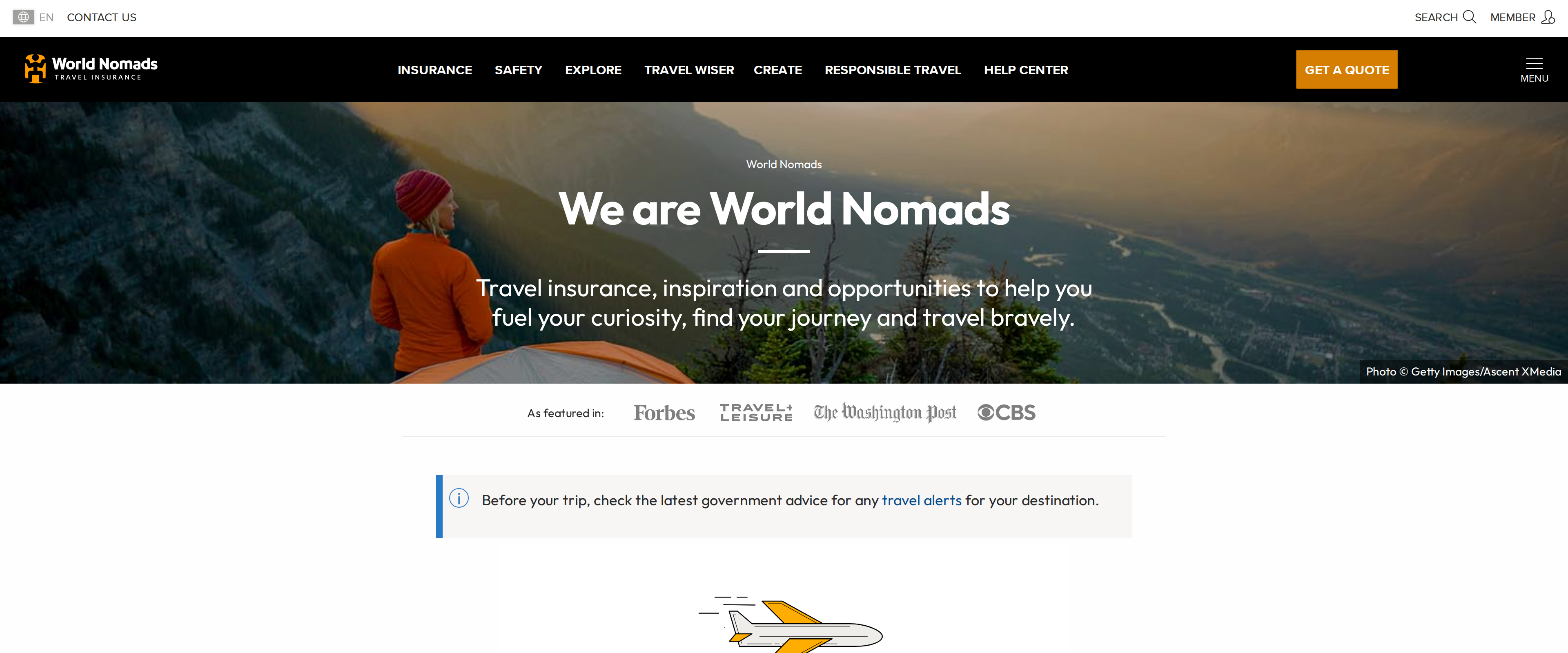 World Nomads homepage with the heading We are World Nomads and travel insurance messaging