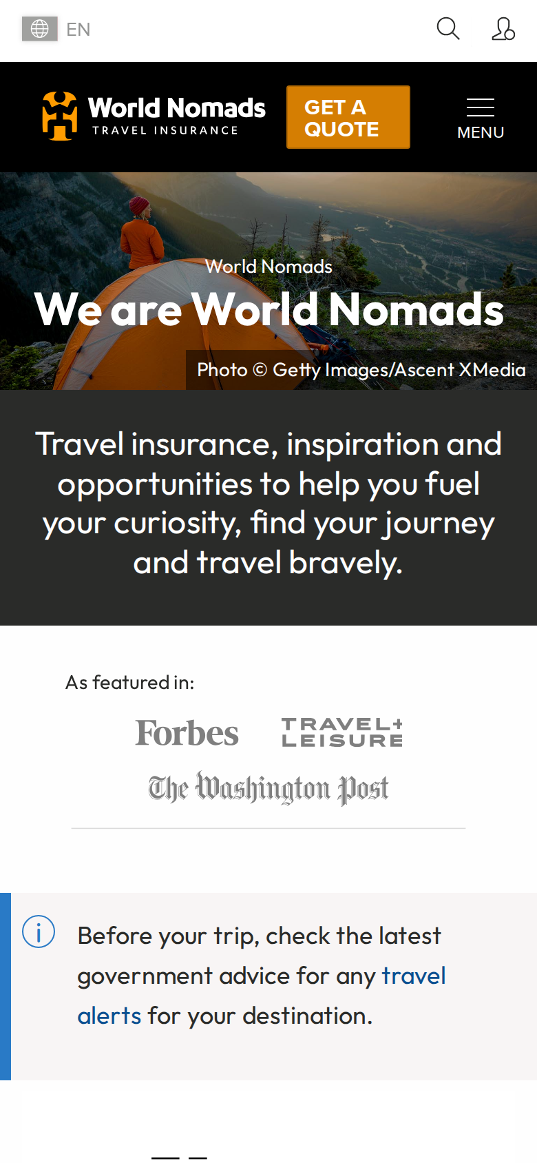 World Nomads homepage viewed on a phone screen