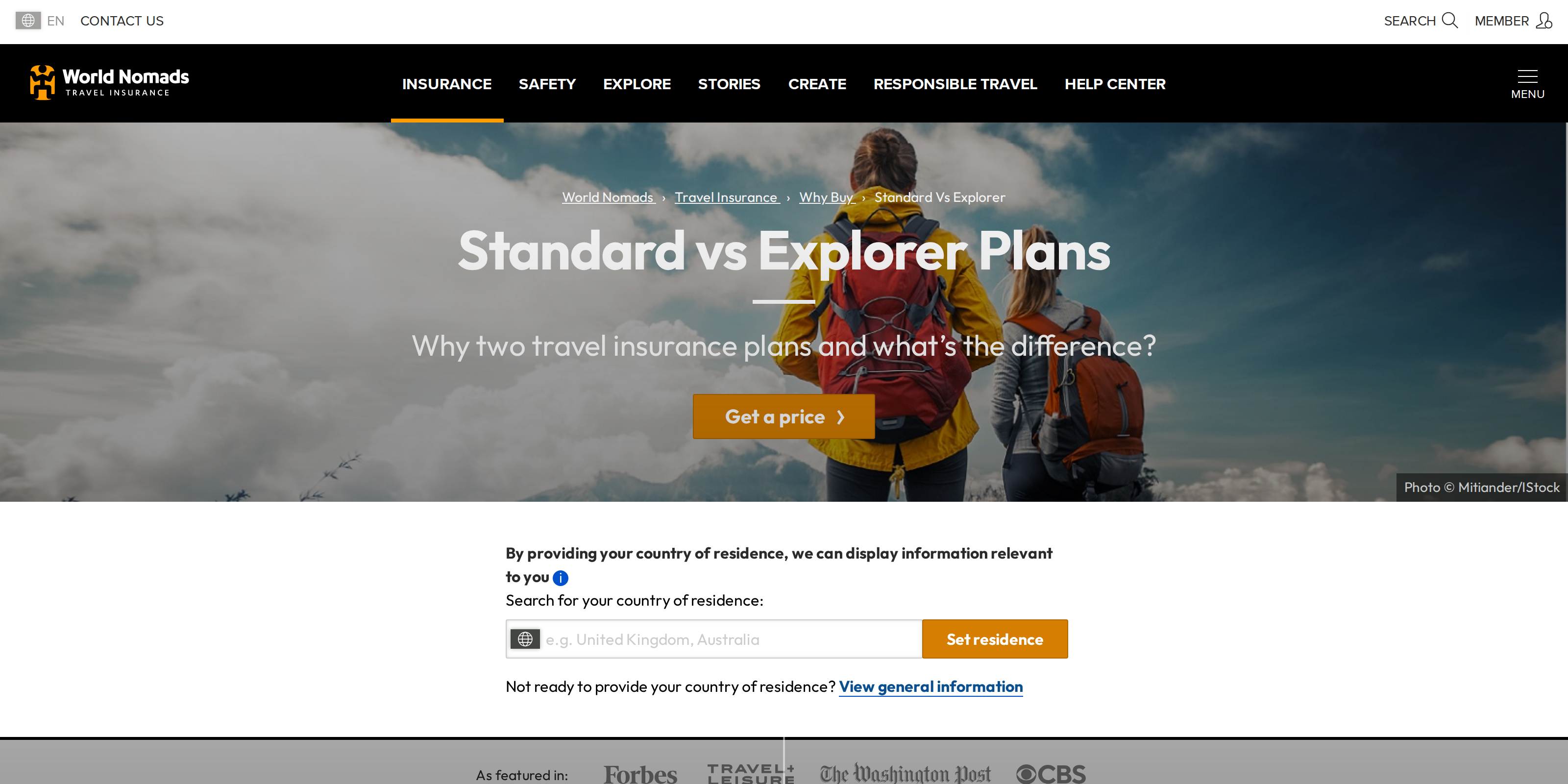 World Nomads' Standard vs Explorer plan comparison page