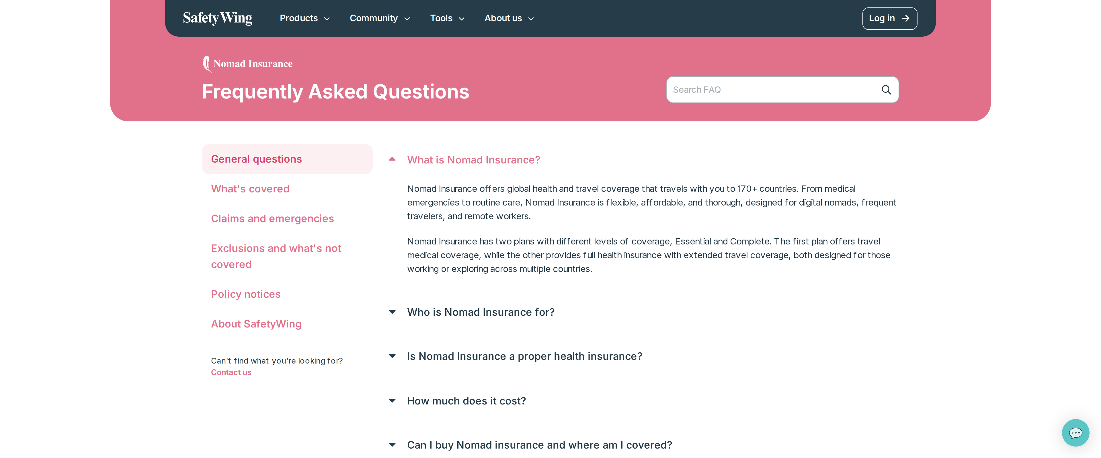 SafetyWing Nomad Insurance frequently asked questions page