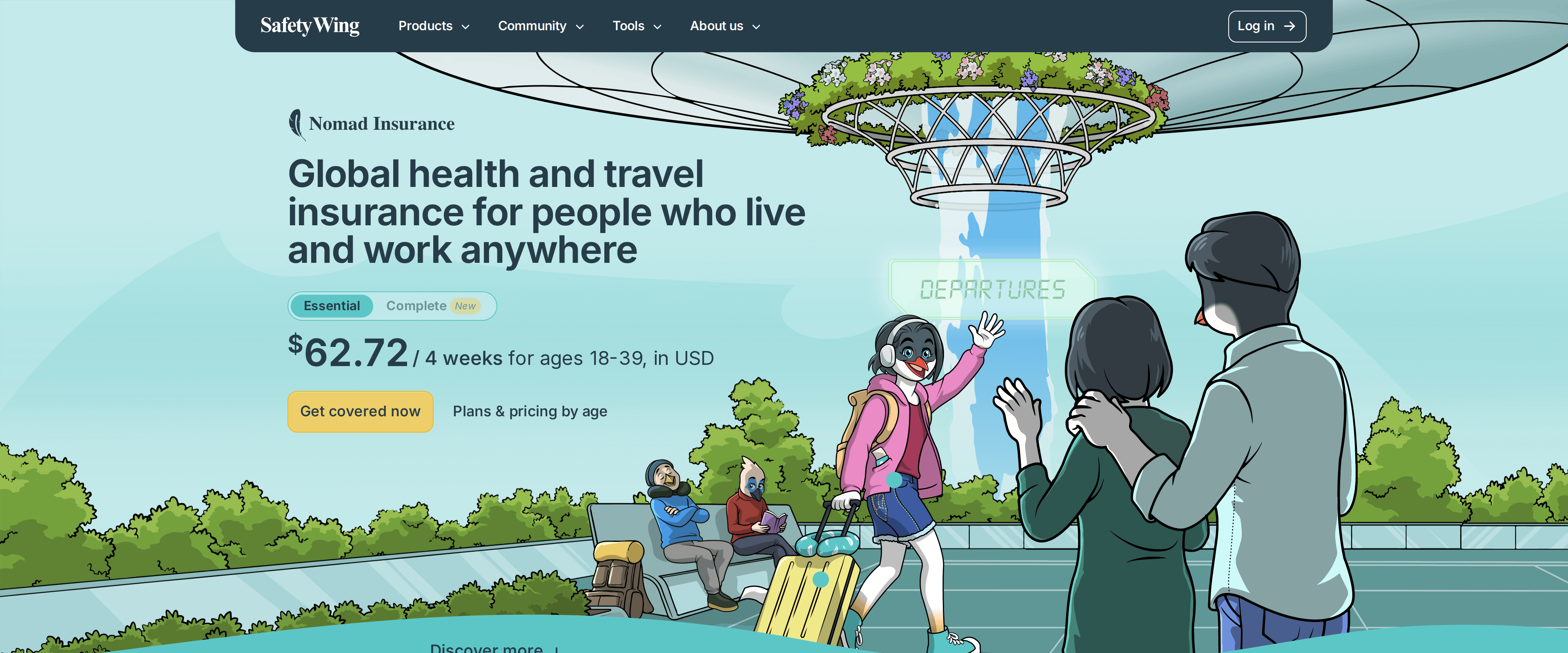 SafetyWing Nomad Insurance homepage with the heading Global health and travel insurance for people who live and work anywhere