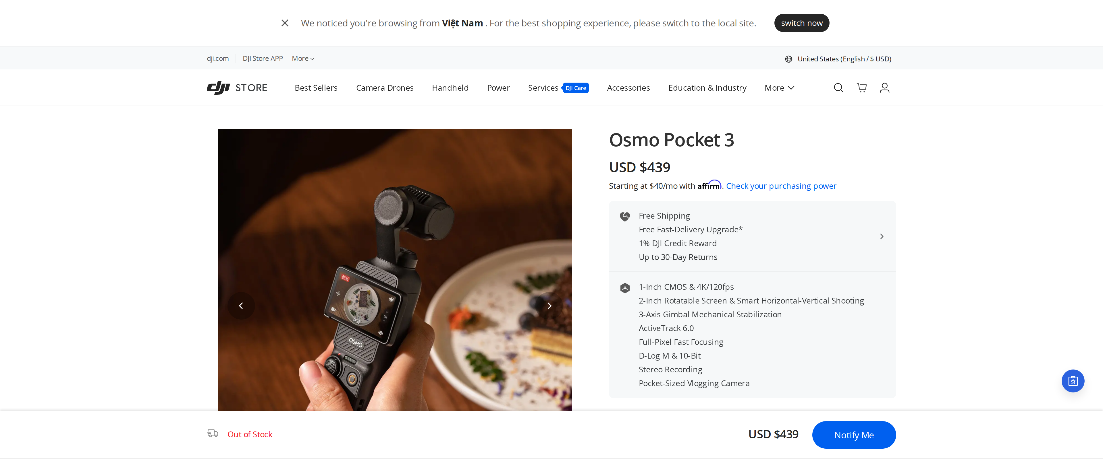 DJI Osmo Pocket 3 buy page on the DJI store showing pricing and bundle options