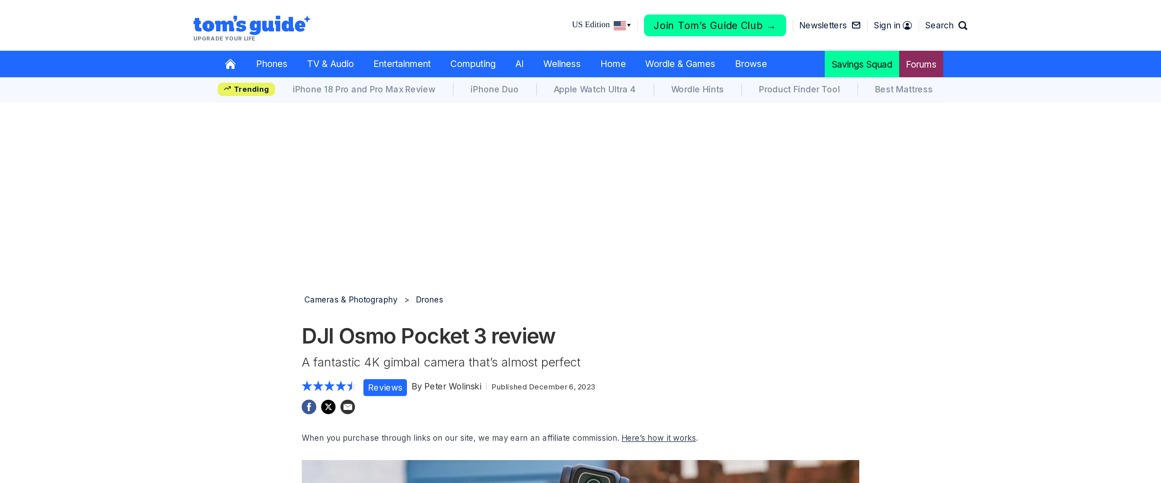 Tom's Guide independent review headline for the DJI Osmo Pocket 3