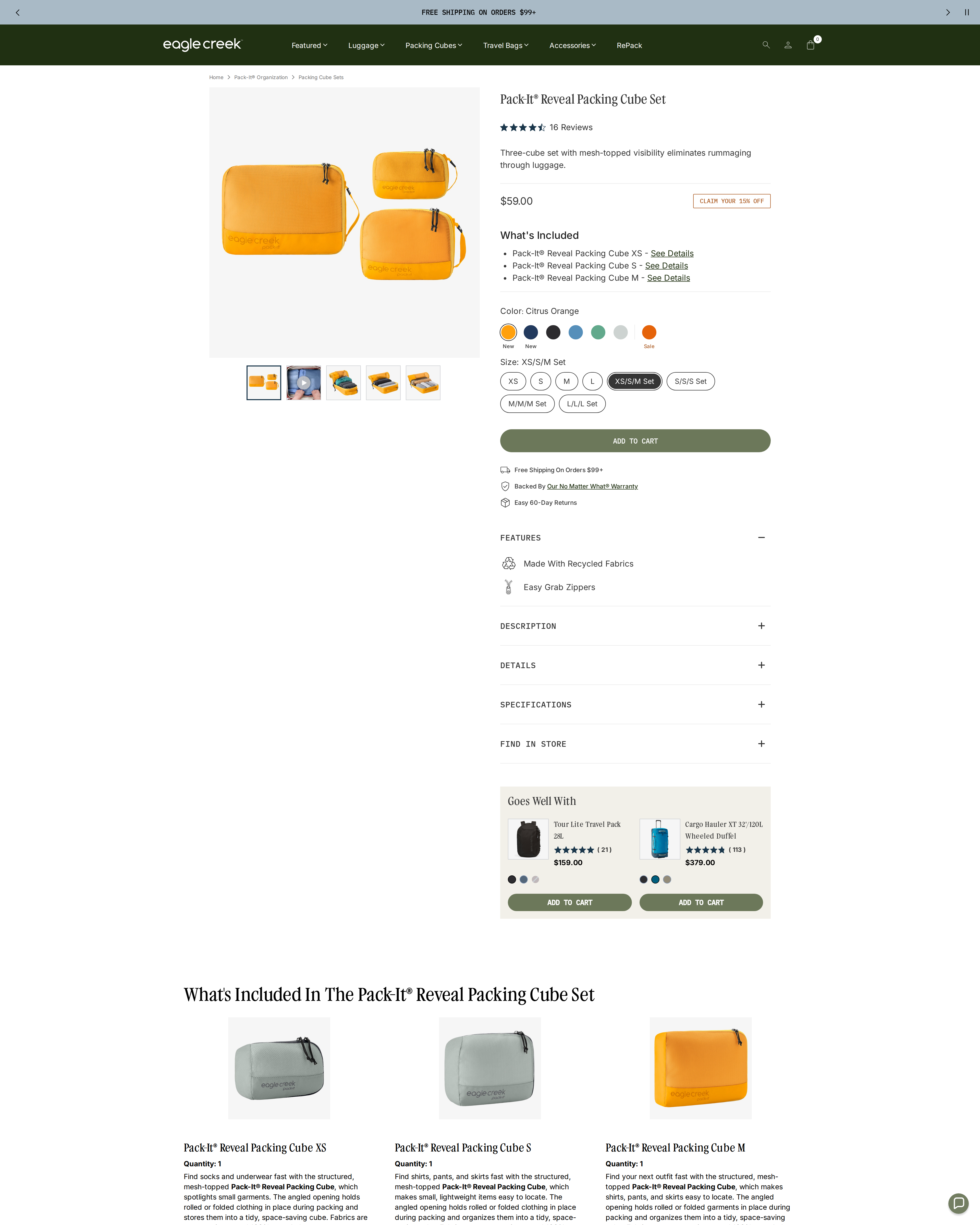 The product page's What's Included, Features and Description sections, listing prices from $59 to $159 across cube set sizes