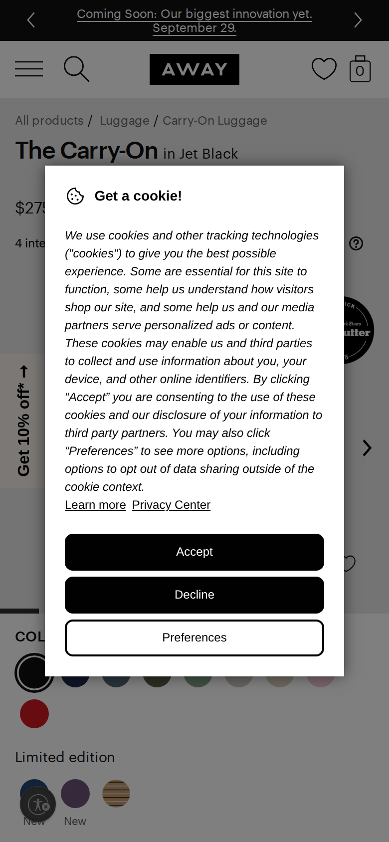 Away's product page viewed on a phone screen, showing the $275 price