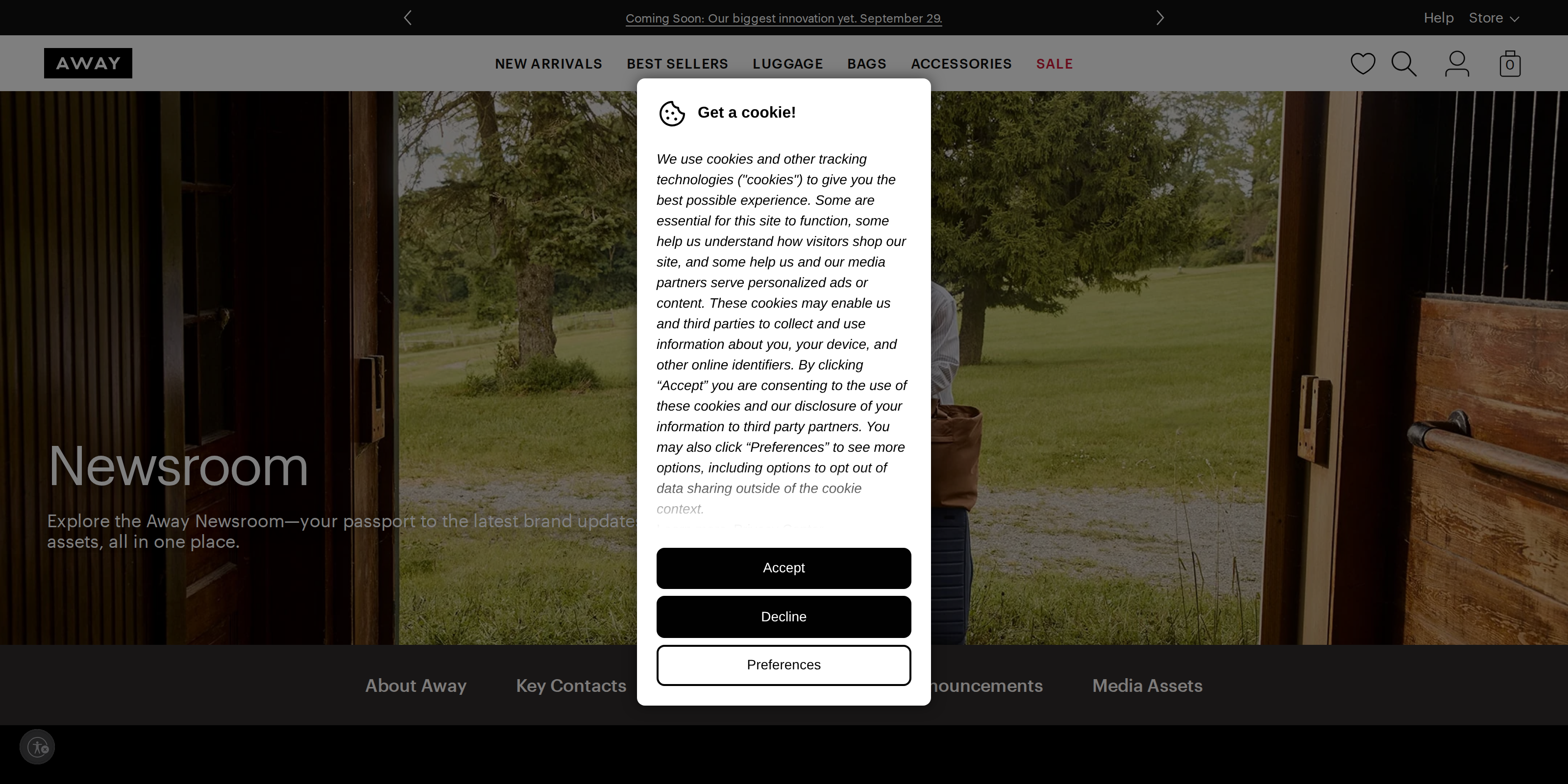 Away's Newsroom page listing brand updates and press highlights