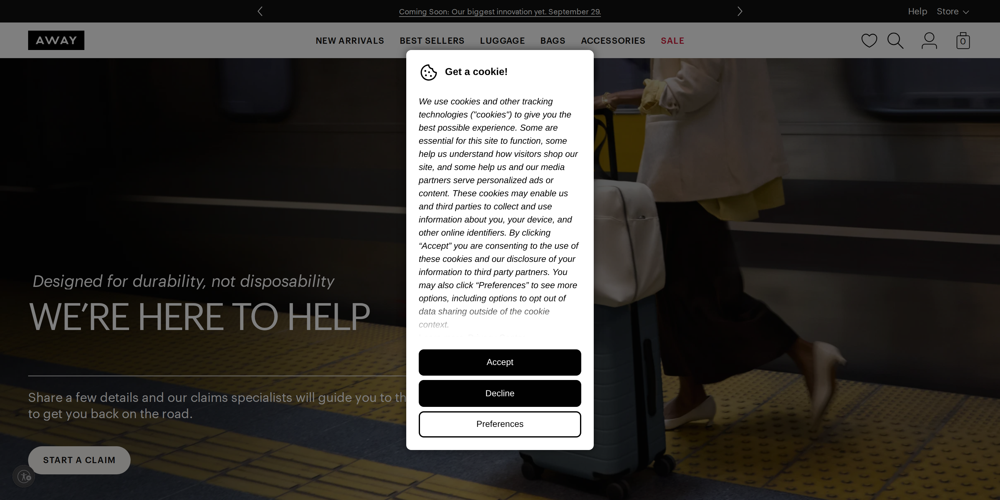 Away's warranty and claims page, headed Designed for durability, not disposability