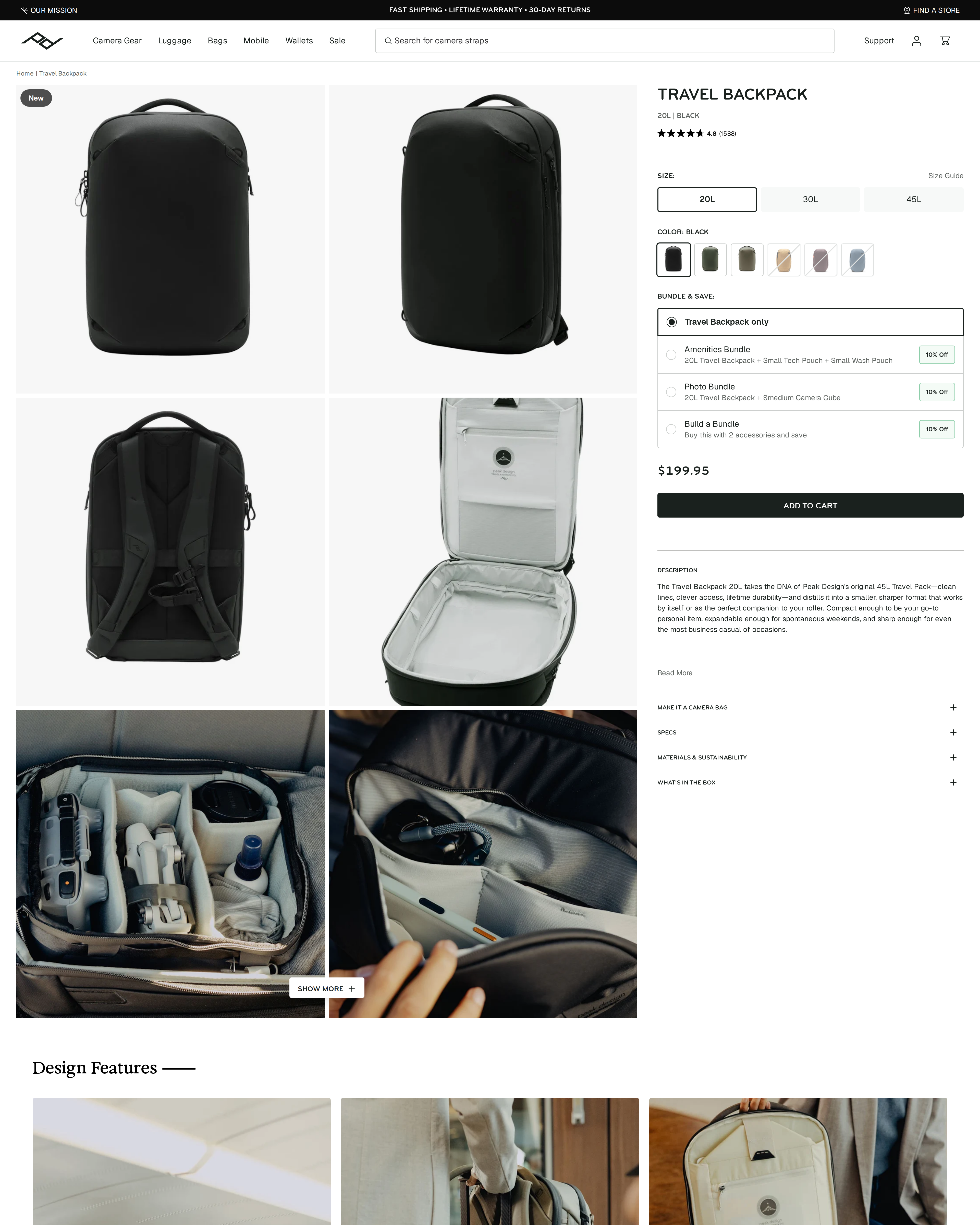 Peak Design's product page showing the front-panel access feature and the pack's expansion claim under the heading No Cramming Ever