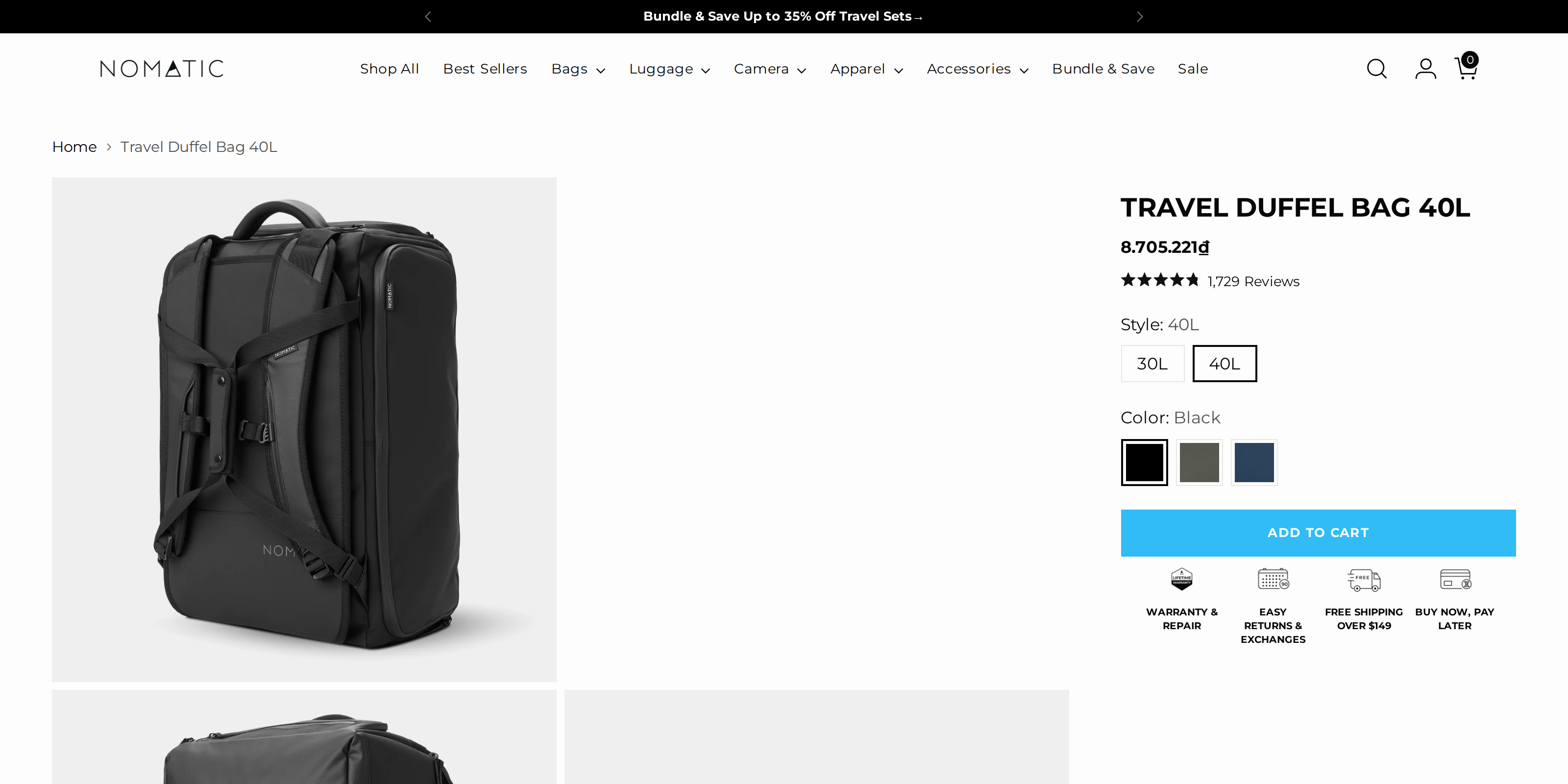 NOMATIC's black Travel Bag 40L shown from the front and back in the product description