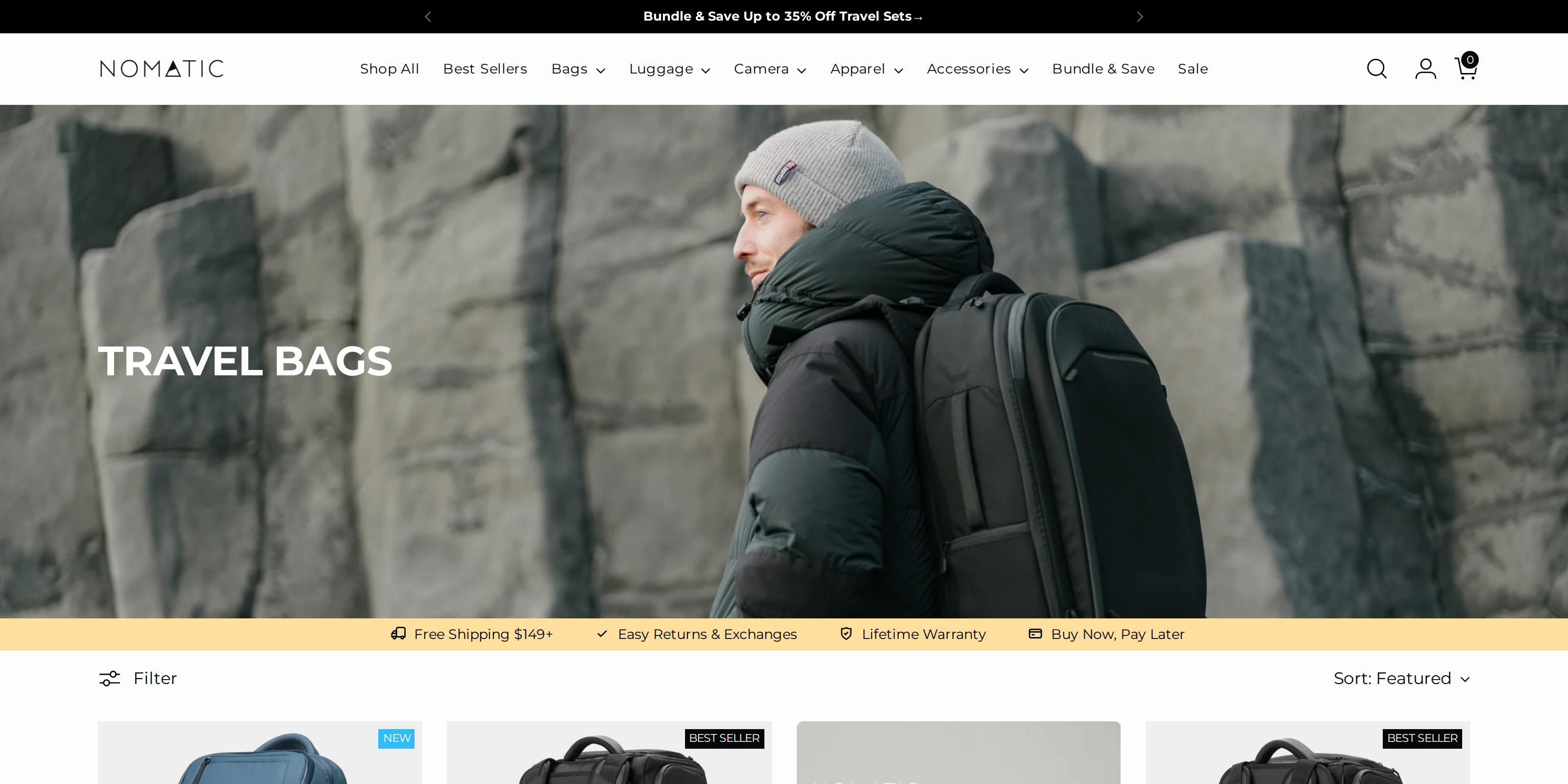 NOMATIC lifestyle banner showing a person wearing the Travel Bag 40L as a backpack outdoors